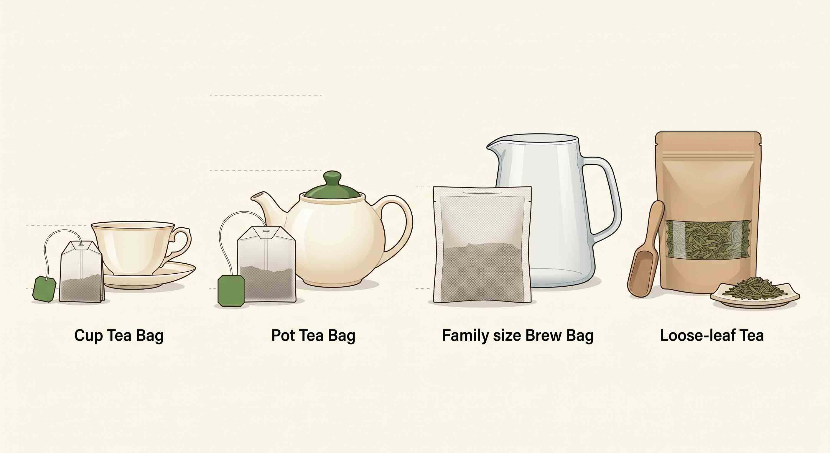 Illustrative technical diagram of cup, pot, family-size, and loose-leaf tea formats.