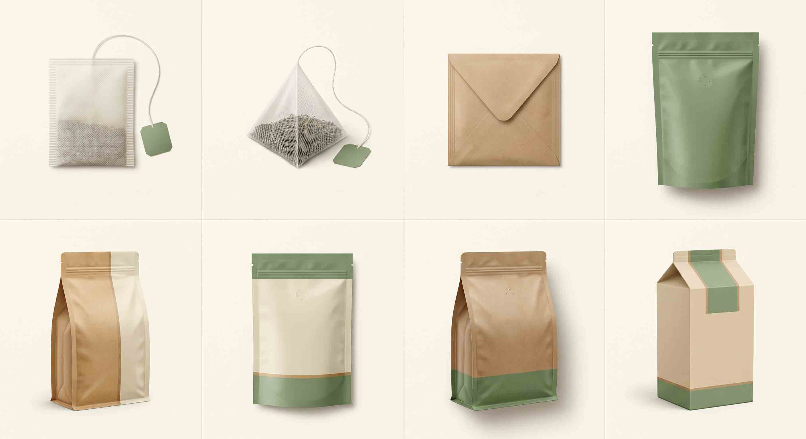 Illustrative technical diagram of tea-bag, pouch, envelope, and carton formats.