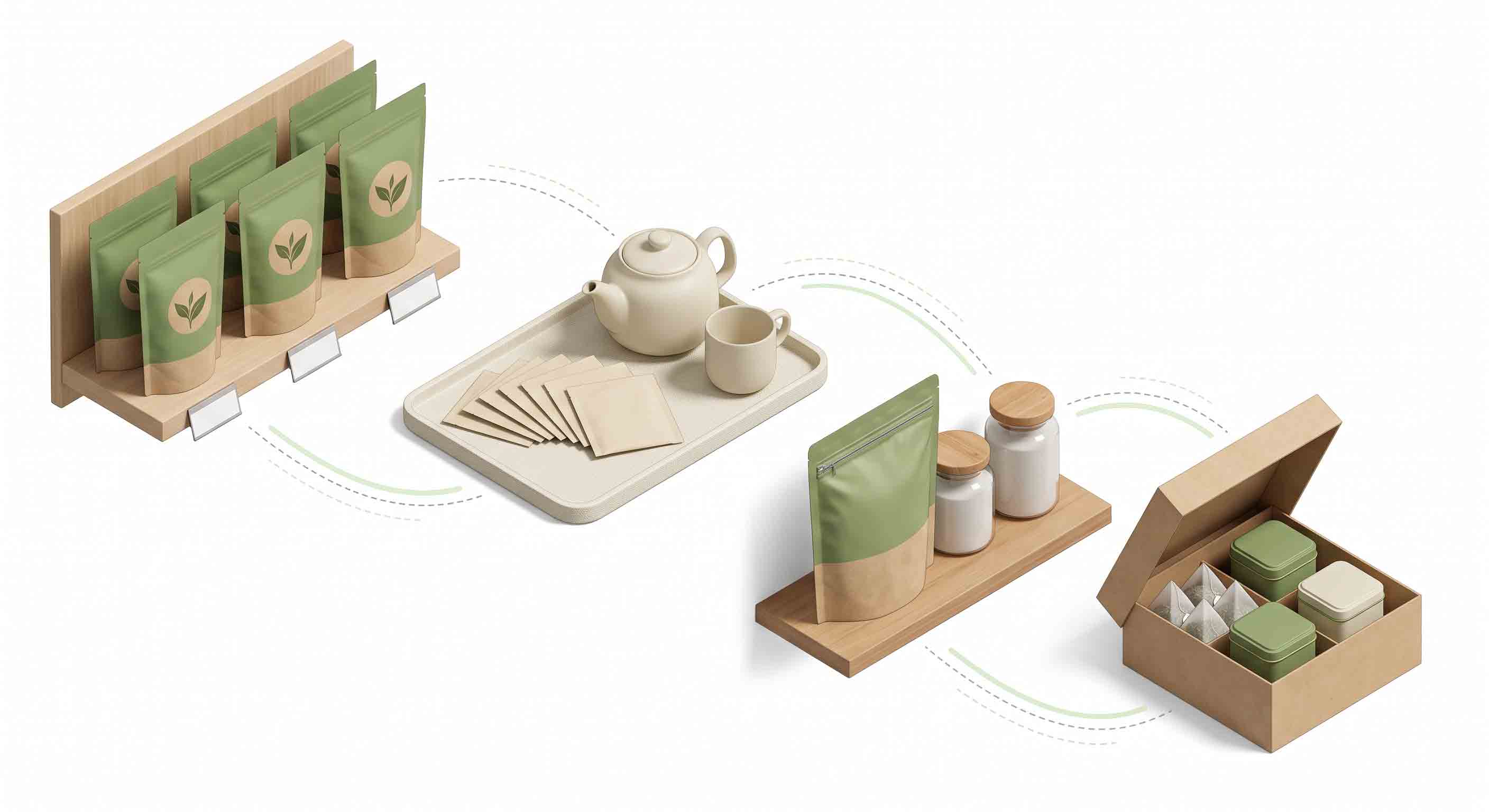 Illustrative technical diagram of tea packaging in shelf, hospitality, home, and gift contexts.