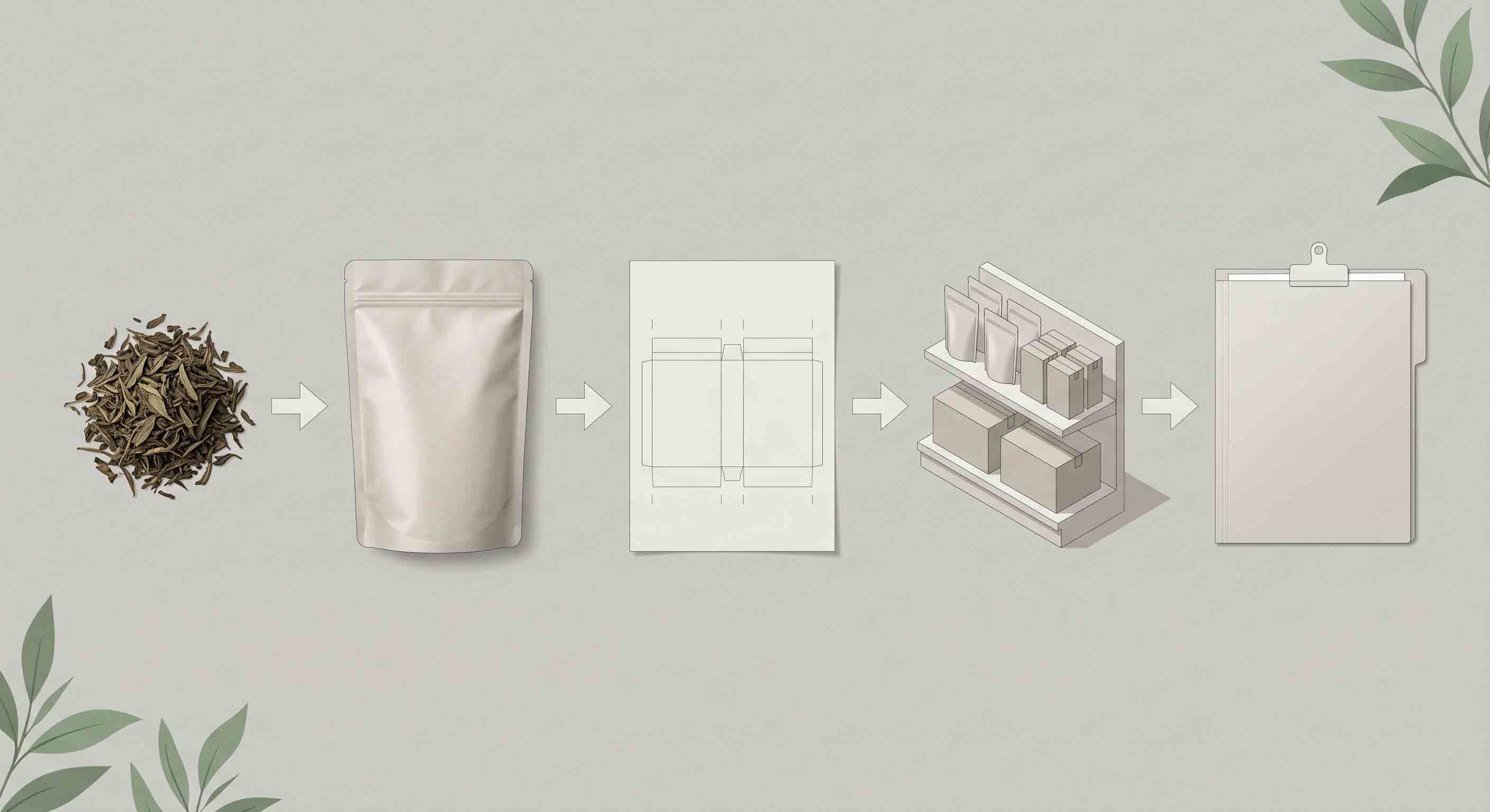 Illustrative technical diagram of tea pouch sizing from sample through approval.