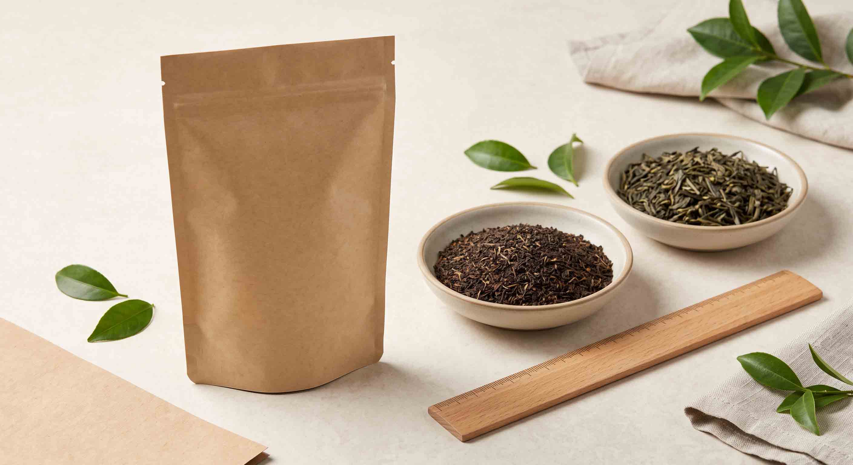 Article summary visual of an unbranded tea pouch and two loose tea leaf forms.