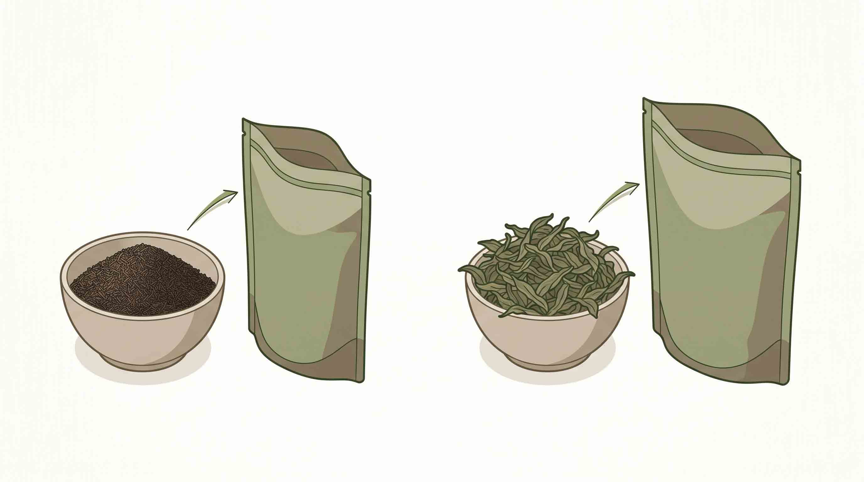 Illustrative technical diagram showing two tea leaf forms occupying different volumes.