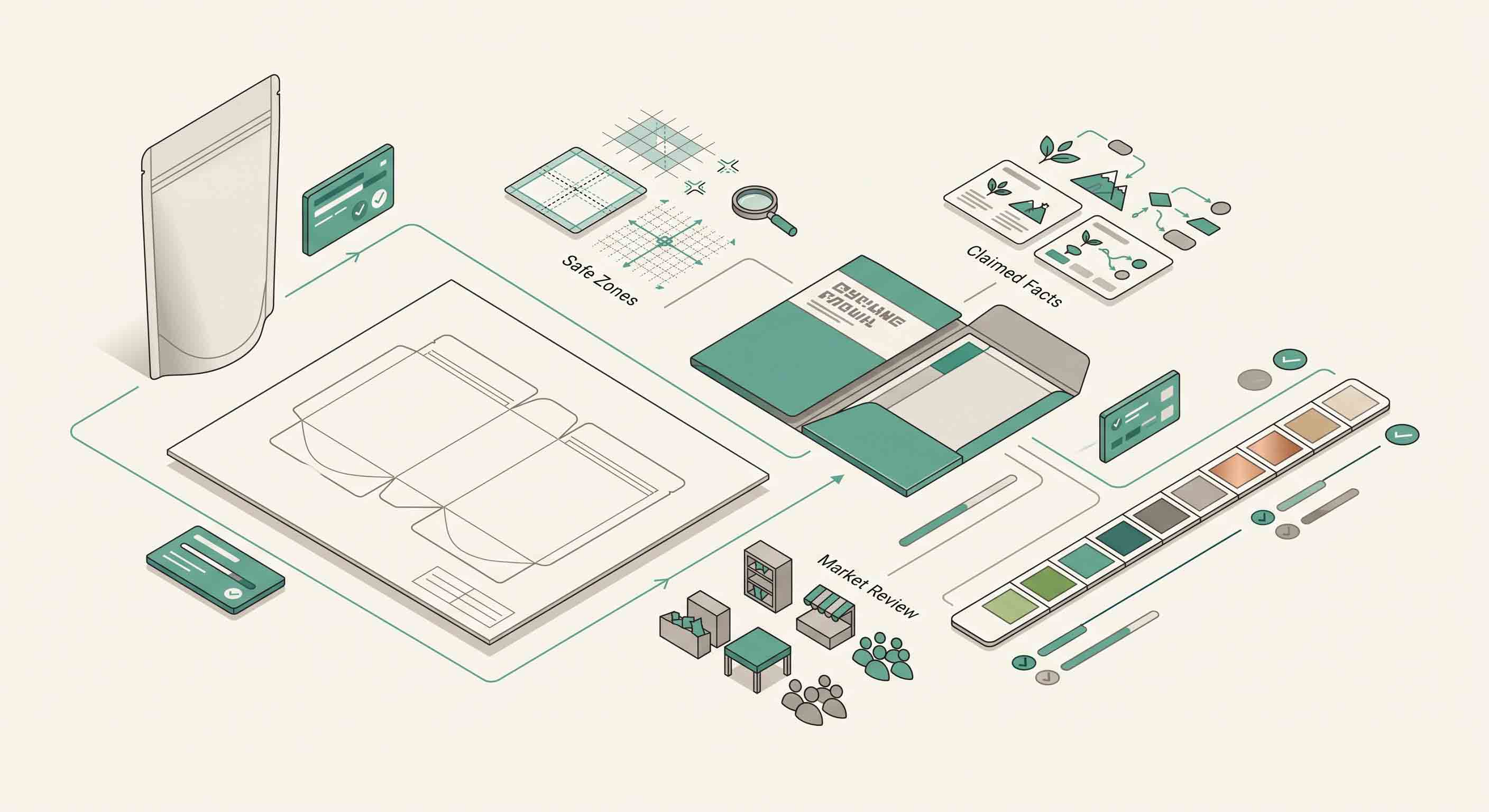 Illustrative technical diagram of tea packaging artwork and safe-zone review.