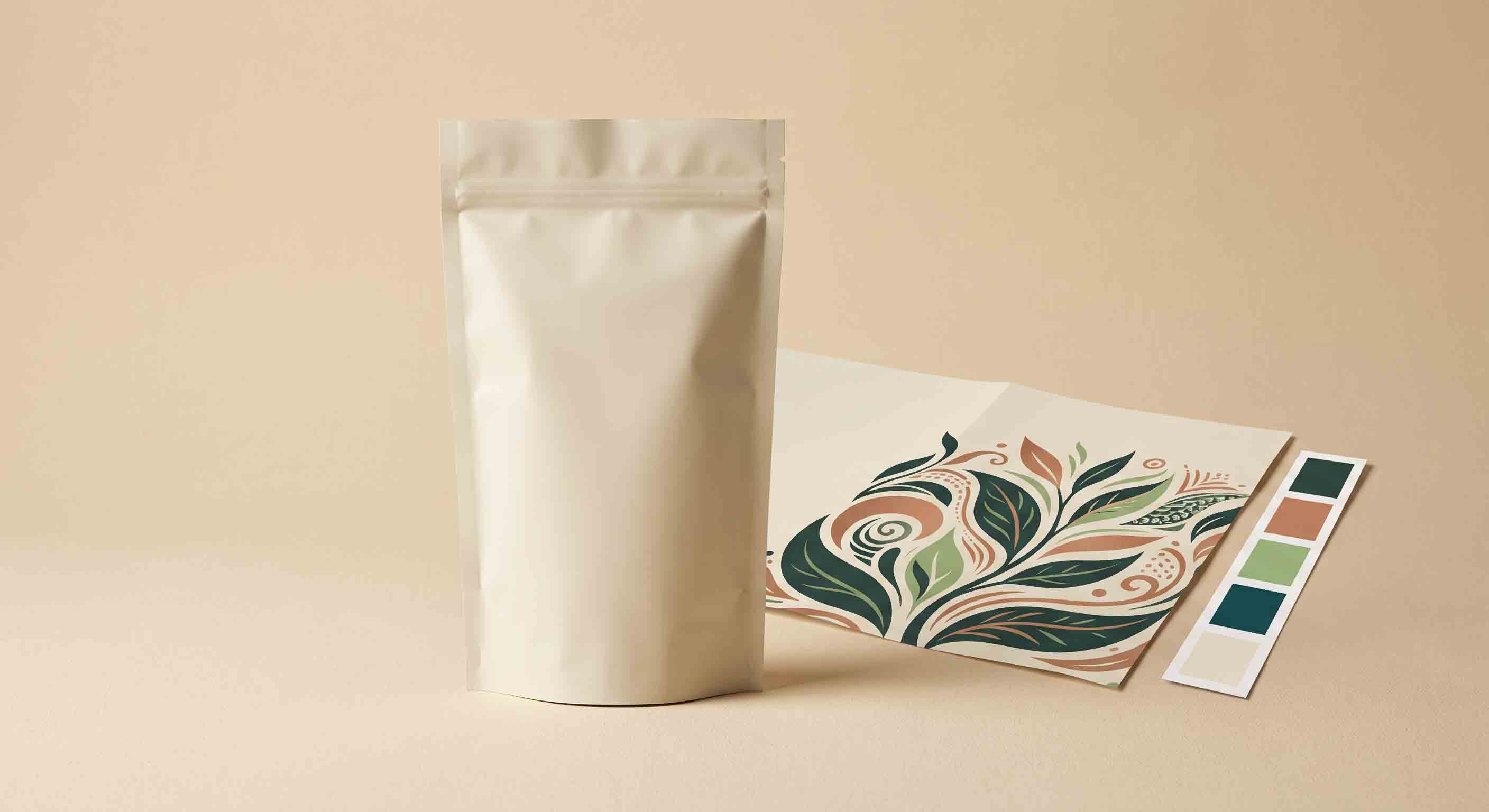 Article summary visual of an unbranded tea pouch beside blank packaging artwork.