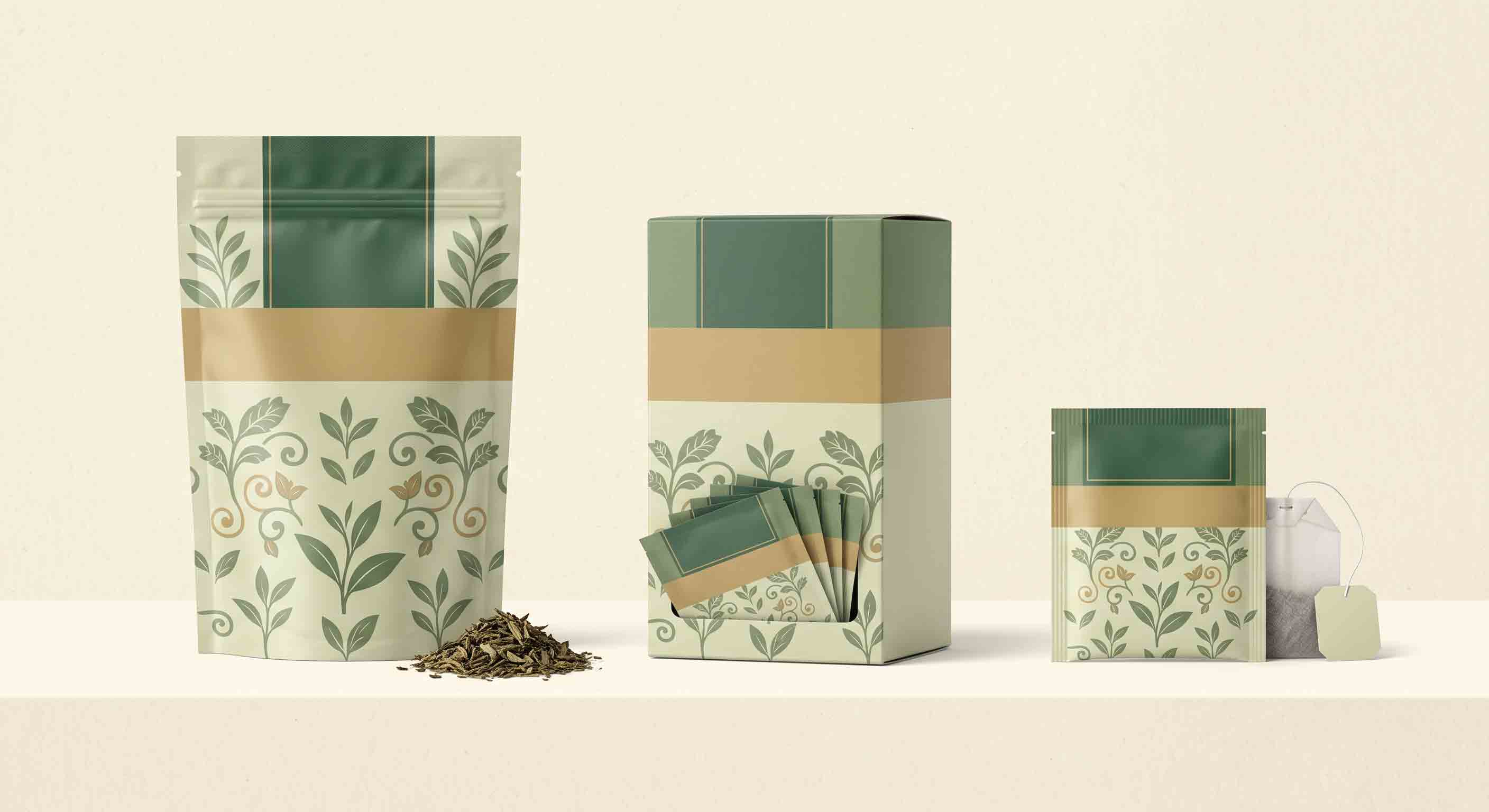 Illustrative technical diagram of three coordinated tea packaging formats.