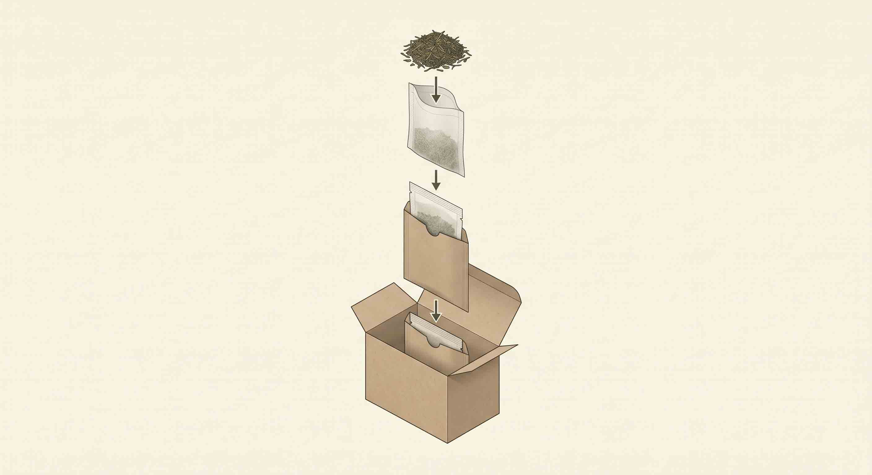 Illustrative technical diagram of tea portion, filter bag, envelope, and carton layers.