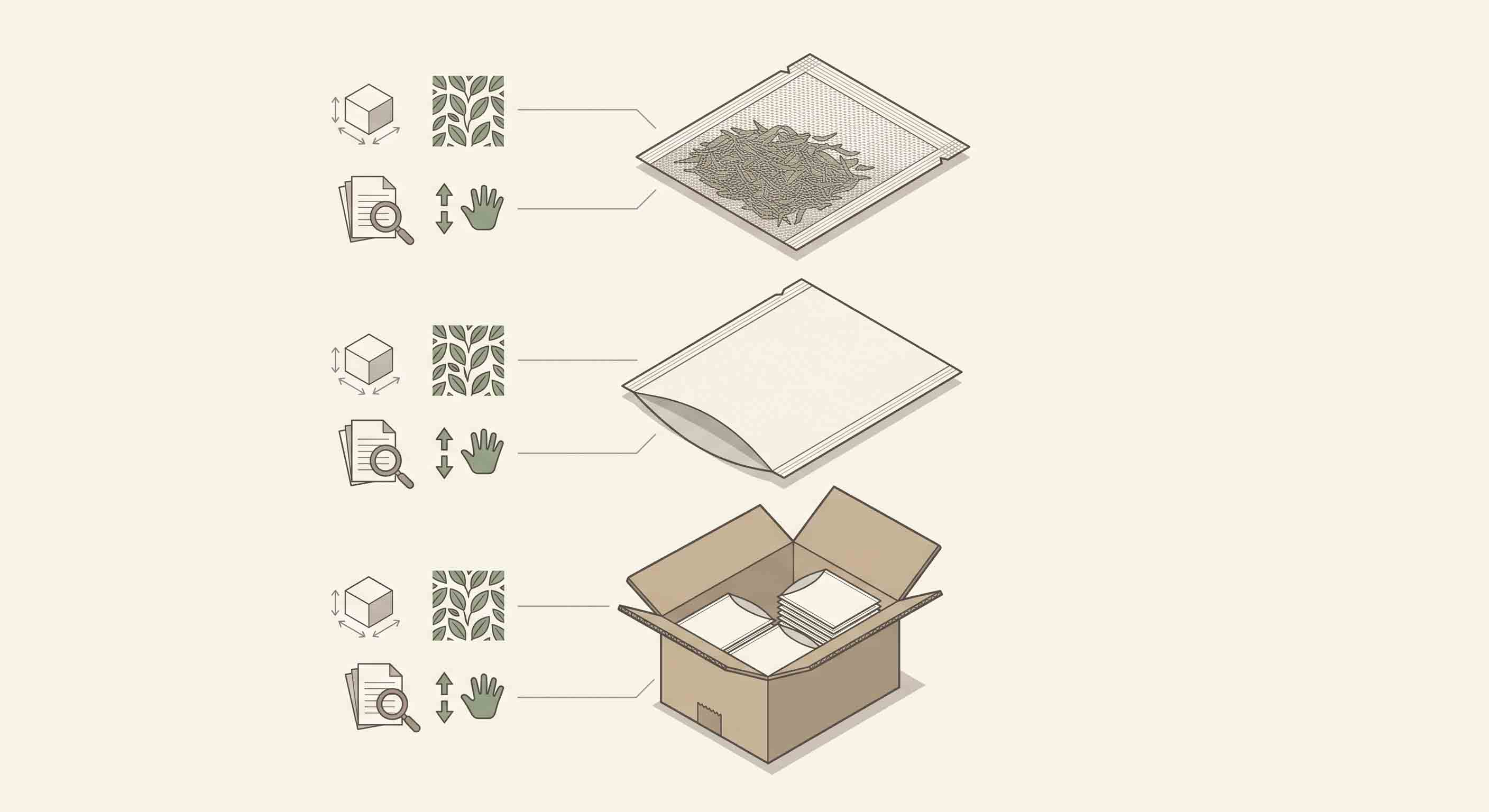Illustrative technical diagram of inner bag, envelope, and carton component review.