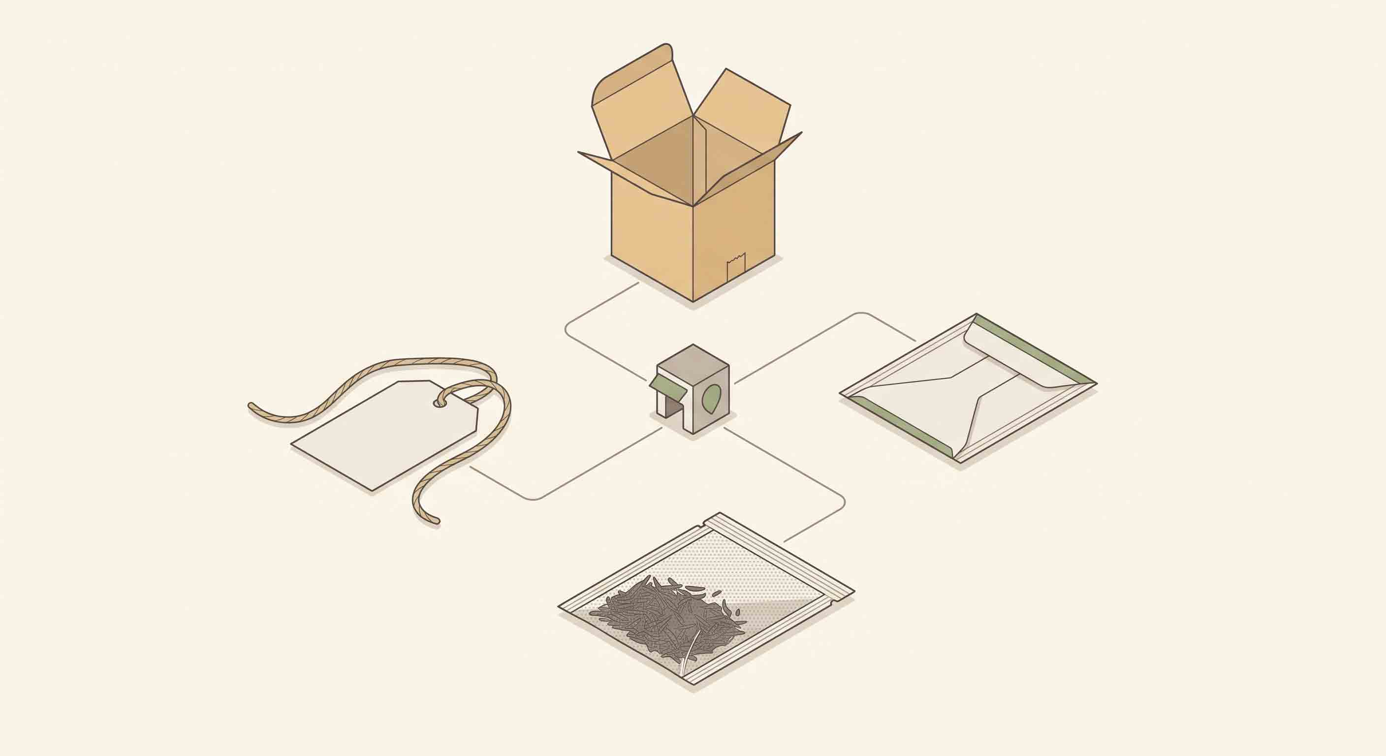 Illustrative technical diagram showing tea carton, envelope, filter bag, and tag as separate components.