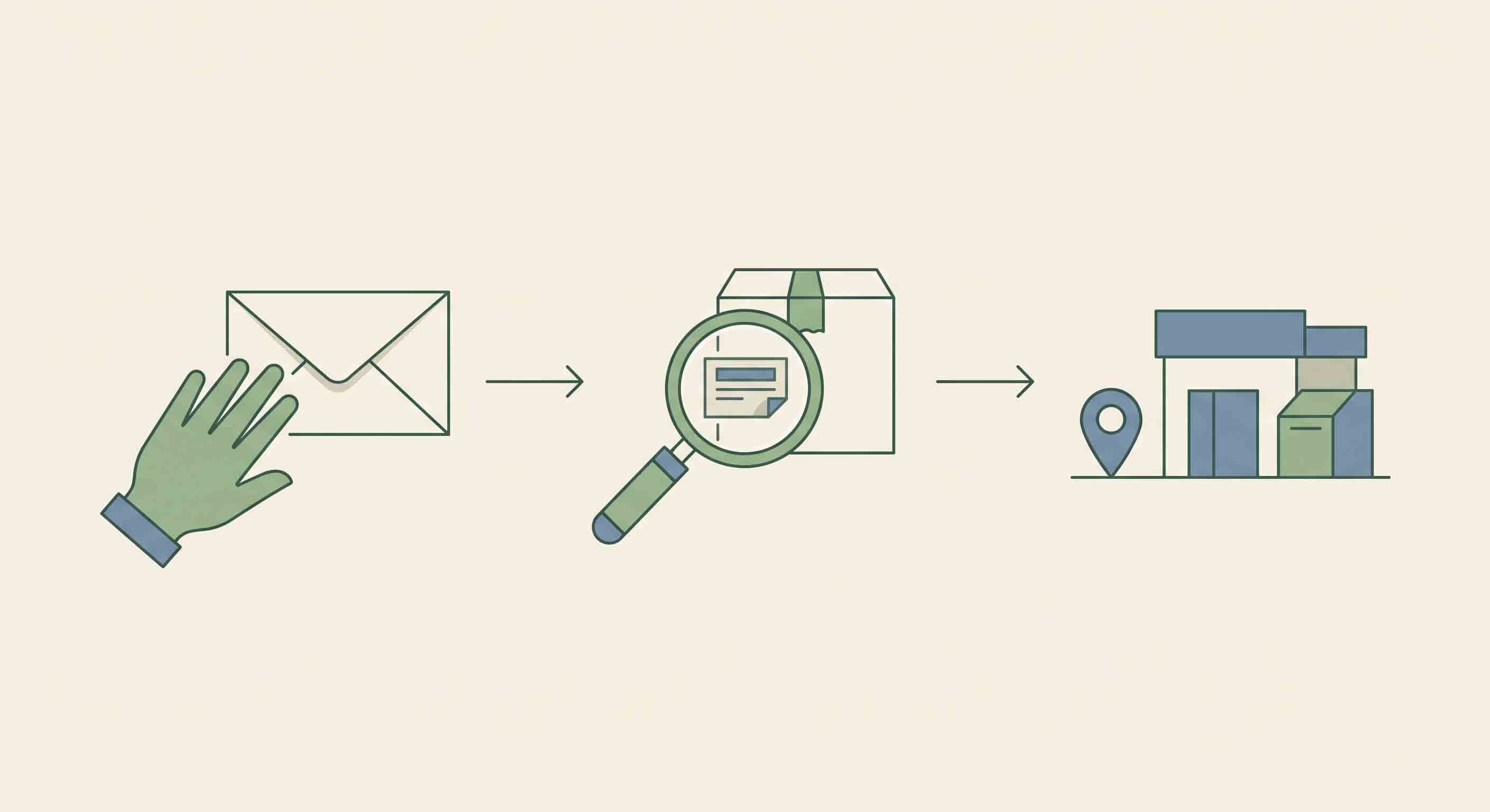 Illustrative technical diagram of identifying a wrapper and checking local disposal guidance.