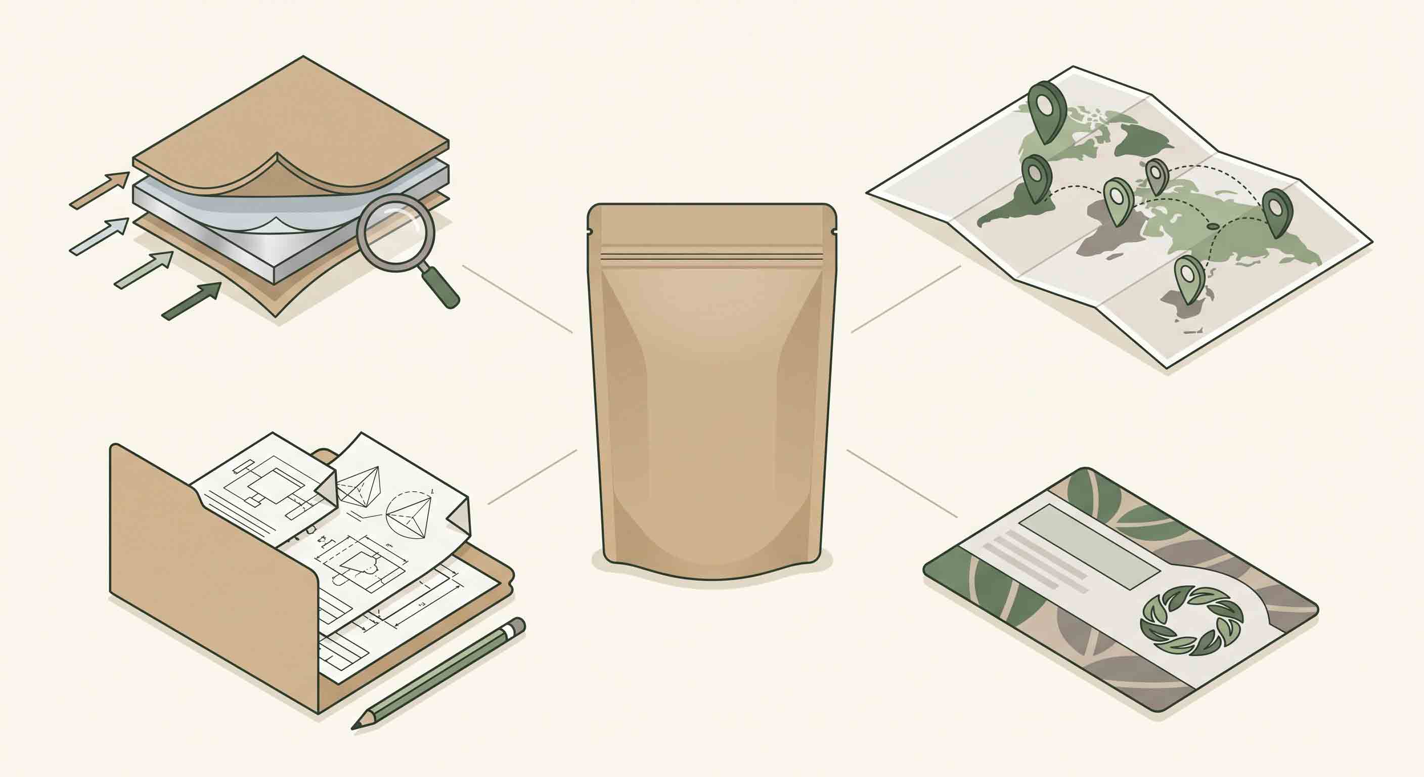 Illustrative technical diagram of package structure, documents, market, and claim review.