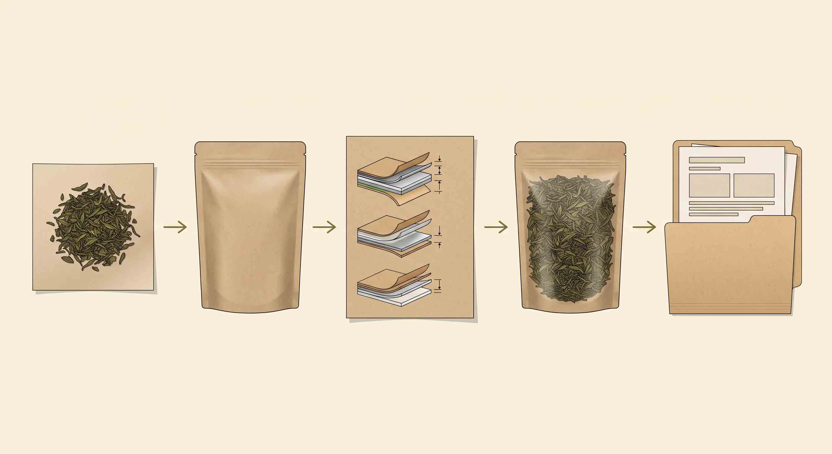 Illustrative technical diagram of tea packaging material selection from product sample to approved wording.
