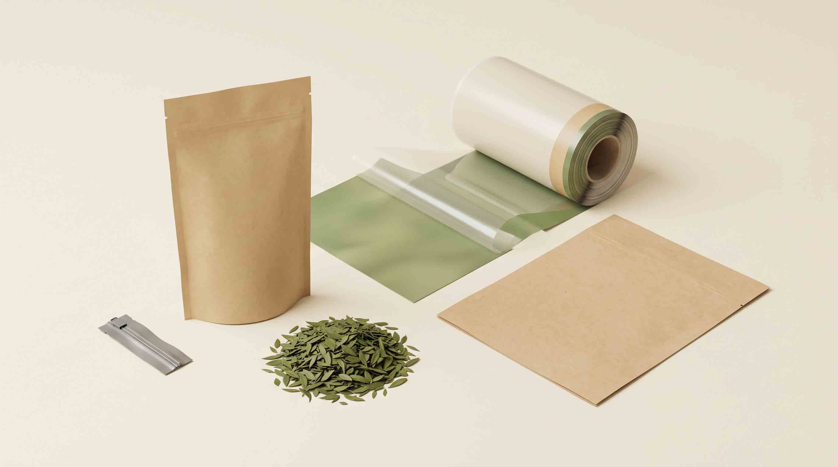 Article summary visual of an unbranded tea pouch and abstract packaging material samples.