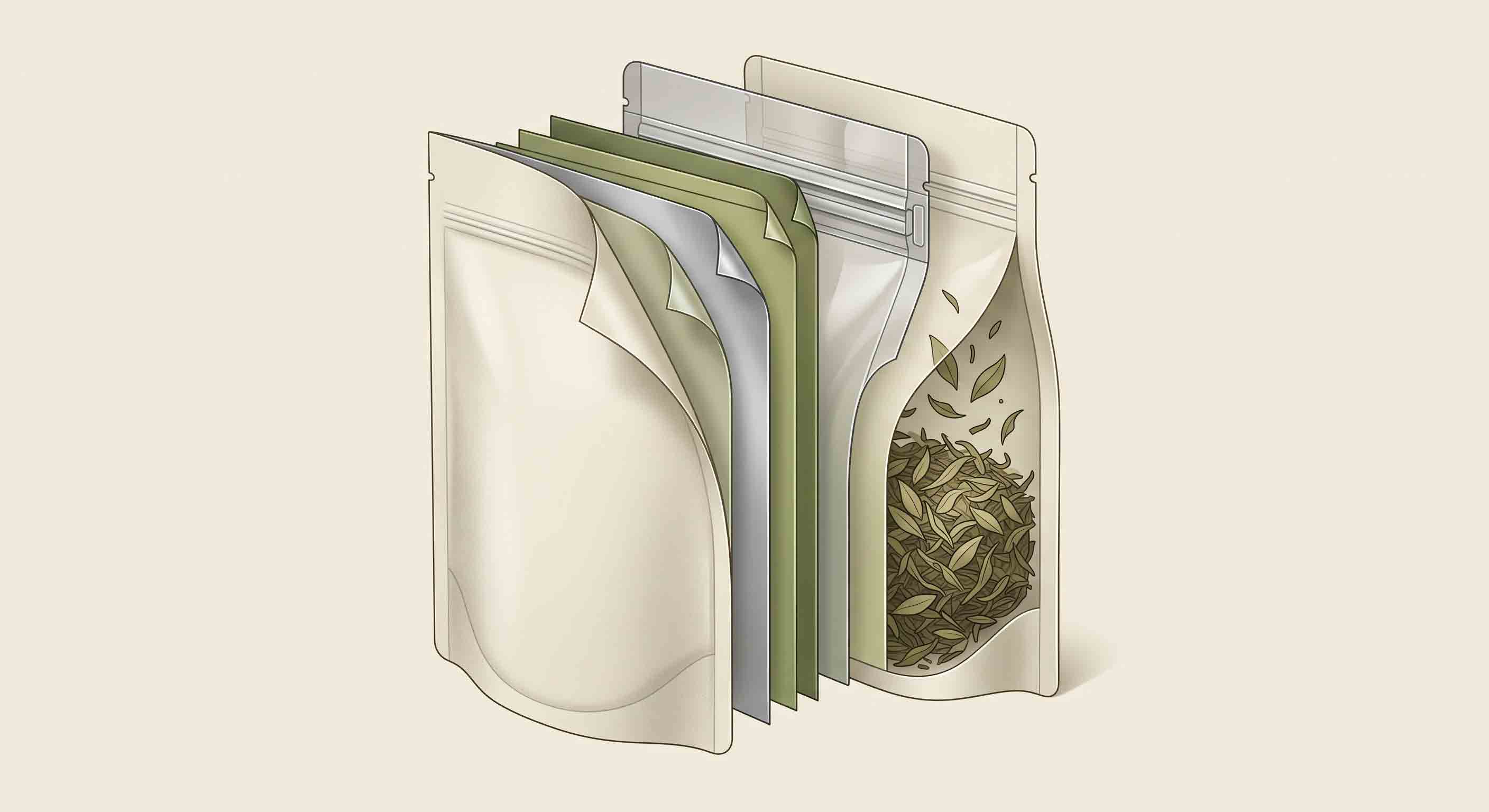 Illustrative technical diagram of outer surface, functional layers, closure, and tea.
