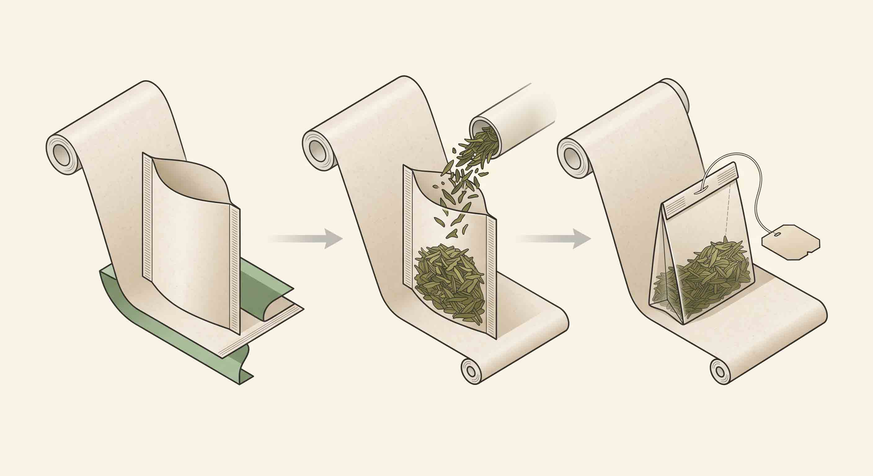 Illustrative technical diagram of a generic tea-bag form, fill, and close sequence.
