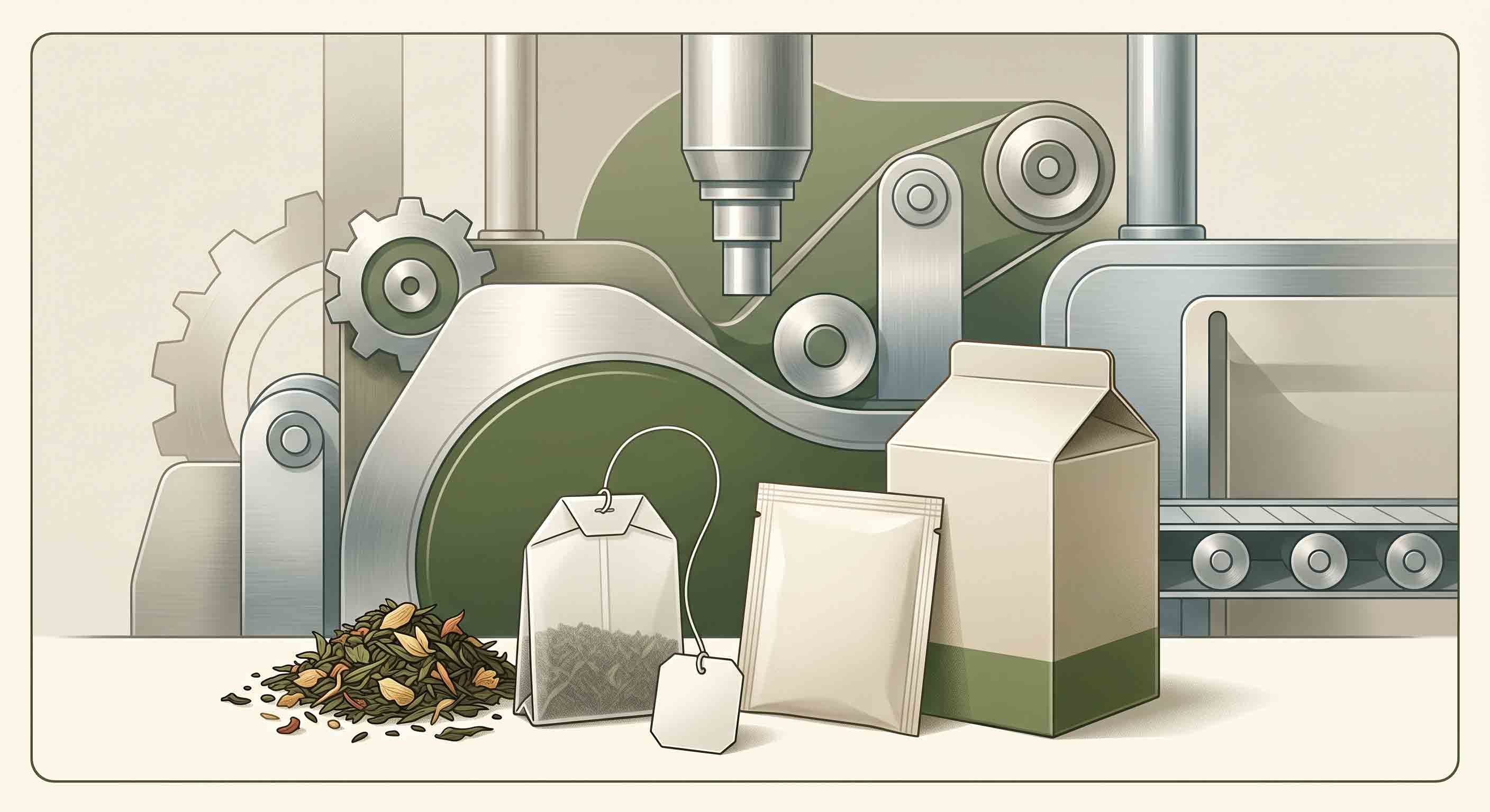 Article summary visual of generic tea packaging stages and abstract equipment.