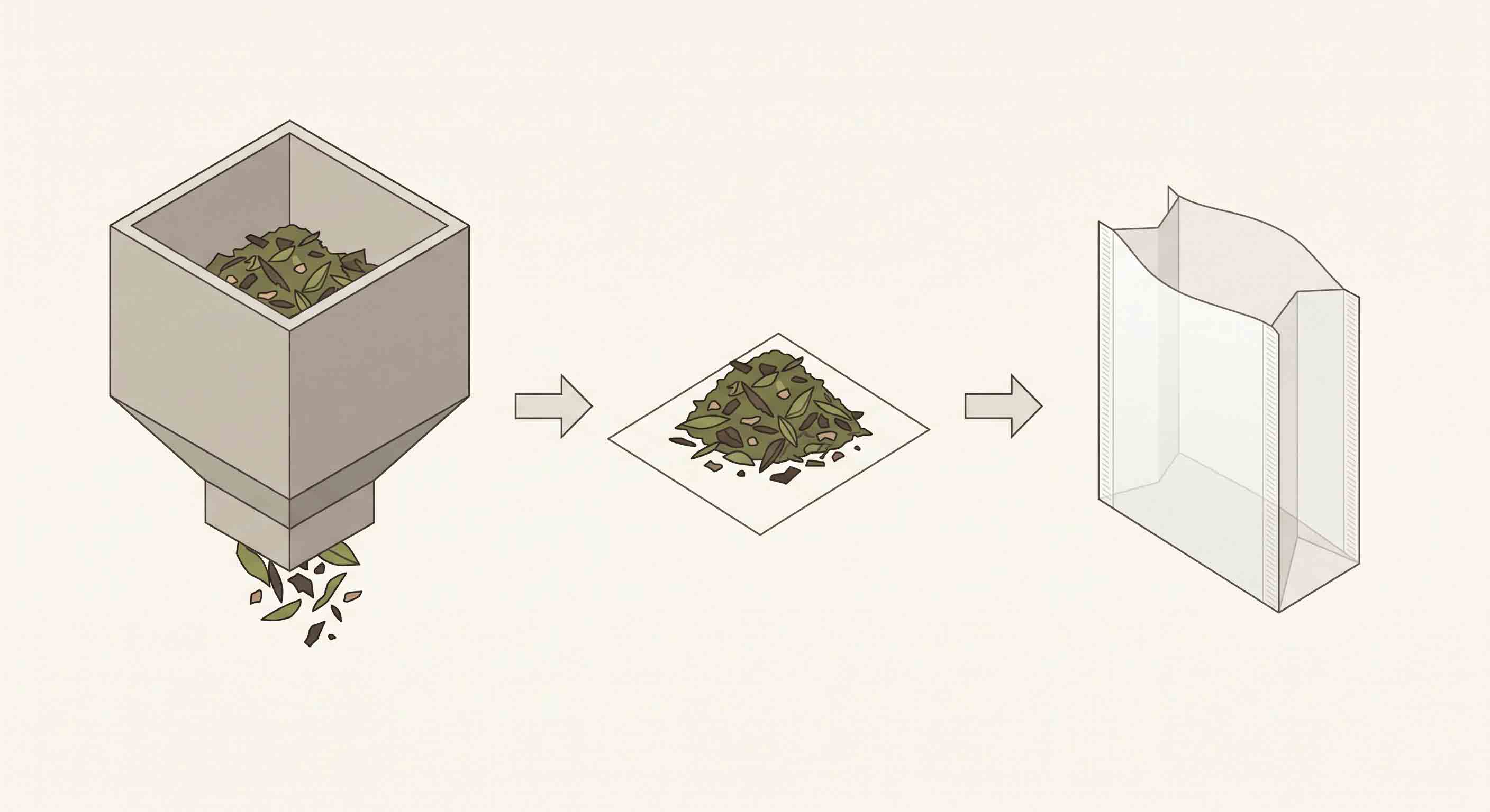 Illustrative technical diagram of tea supply, measured portion, and inner bag stages.