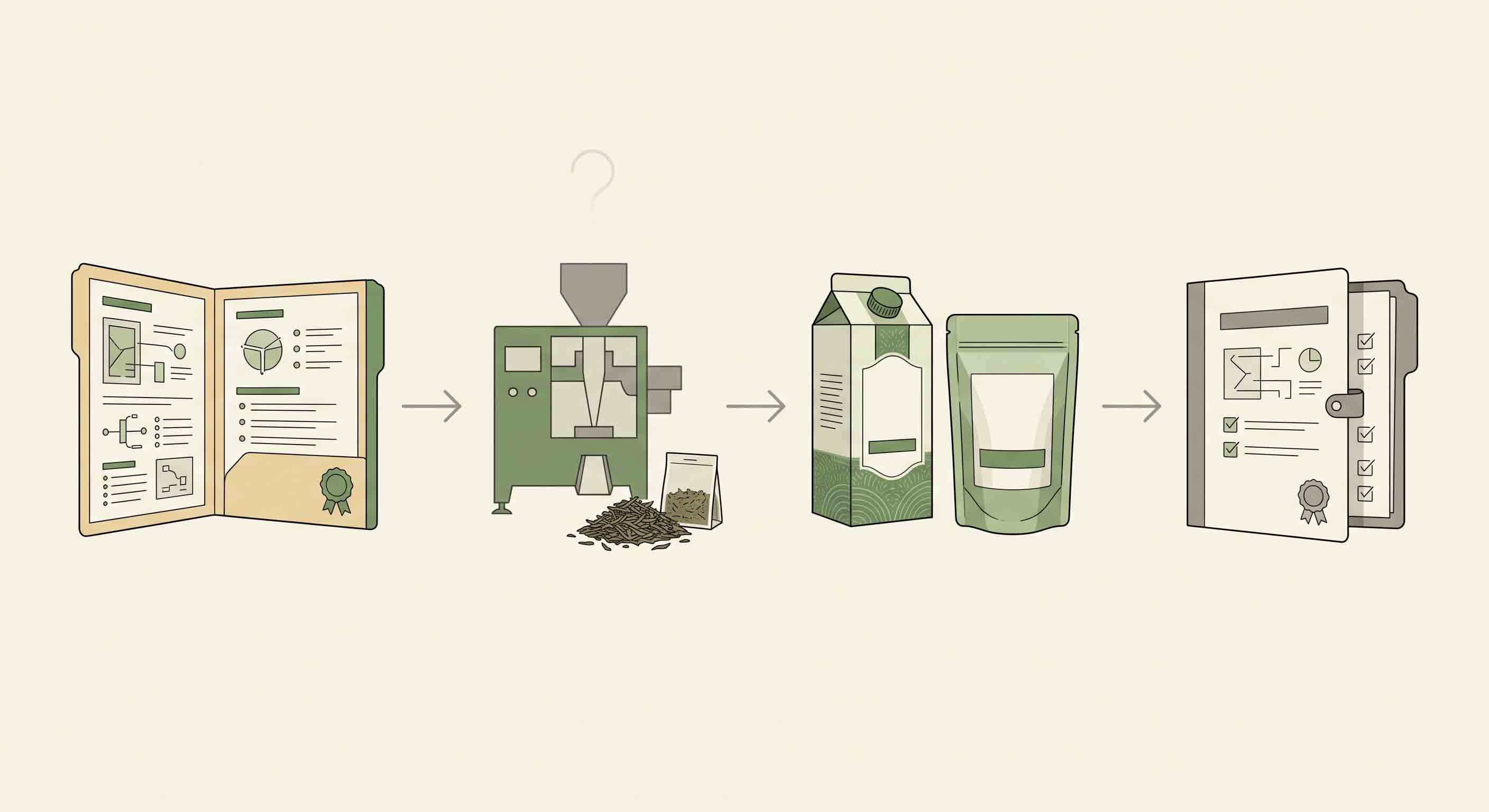 Illustrative technical diagram of tea specification, sample feasibility, complete pack proof, and approved requirements.