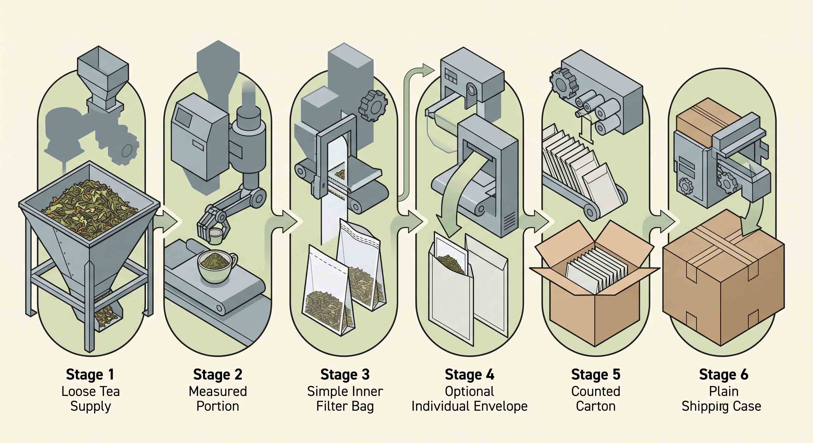 Illustrative technical diagram of tea supply, measured portion, inner bag, optional envelope, carton, and case.