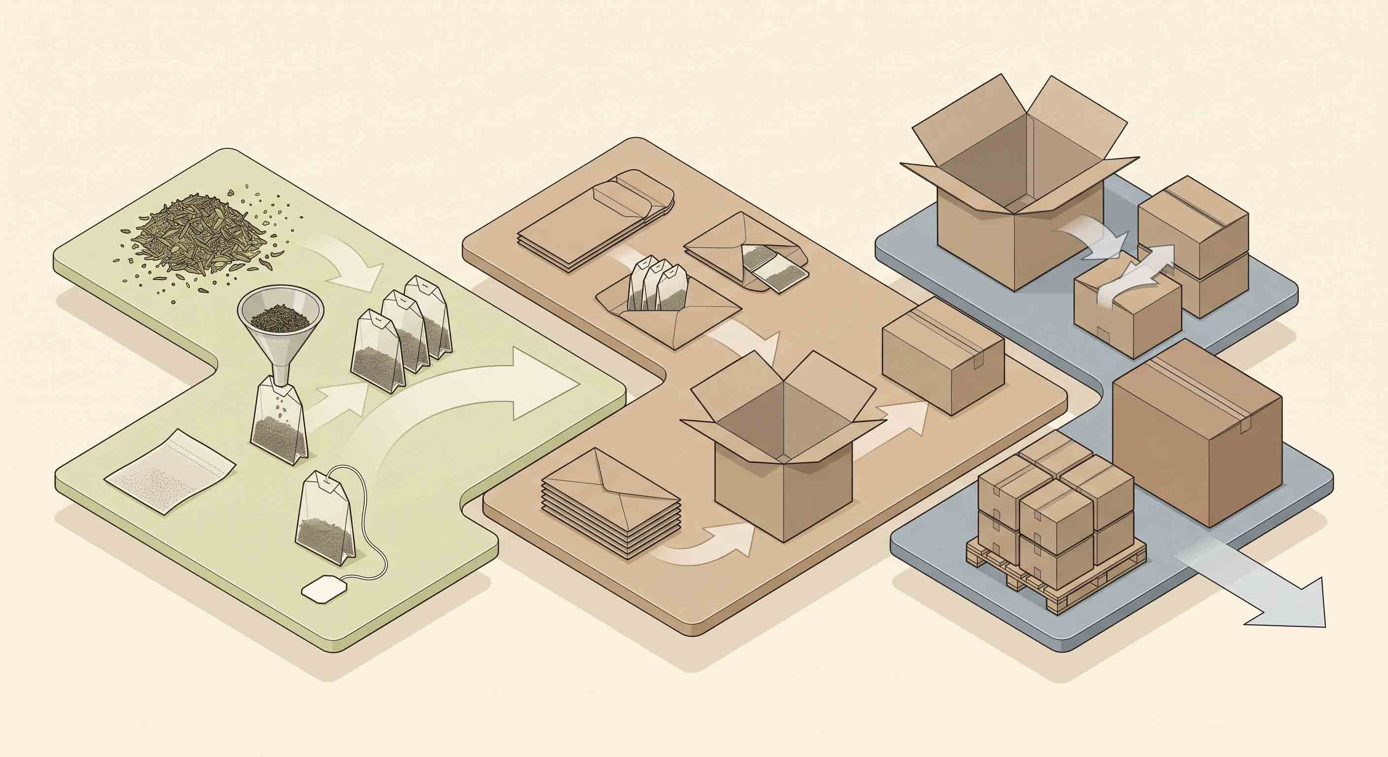 Illustrative technical diagram of primary, secondary, and end-of-line tea packaging scopes.