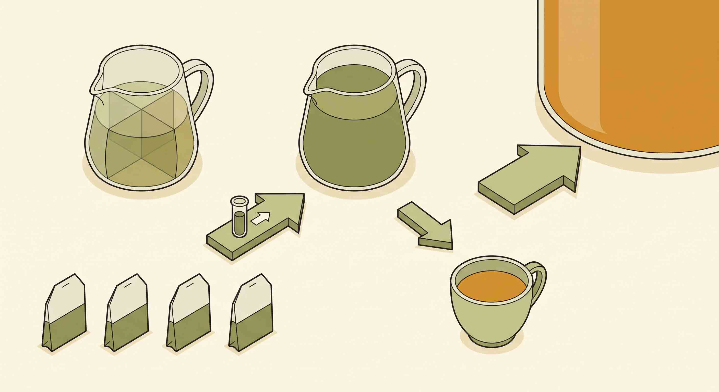 Illustrative technical diagram of a quart test batch with tea-bag icons.