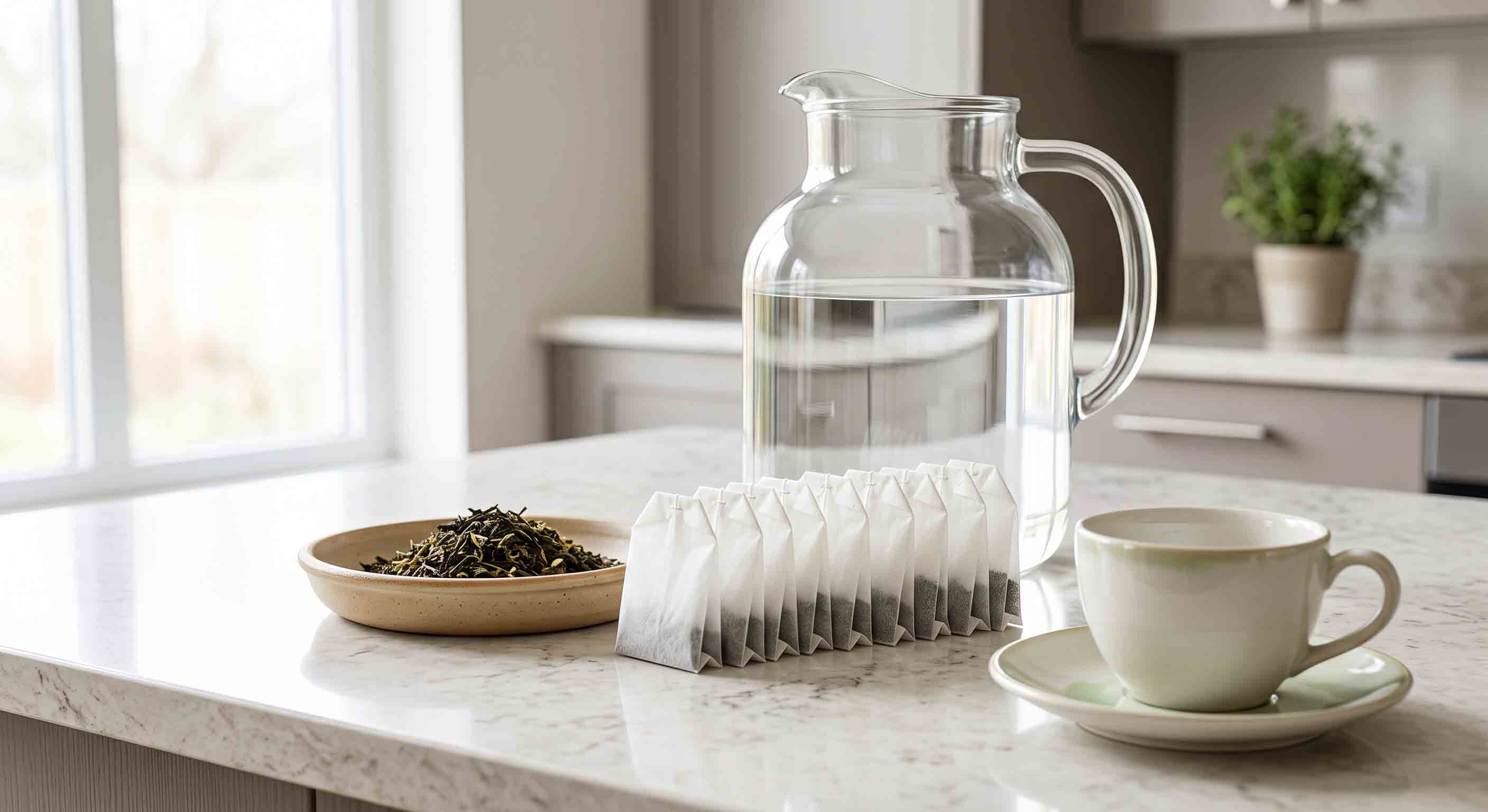 Illustrative order-planning reference of unbranded tea bags and a gallon pitcher.