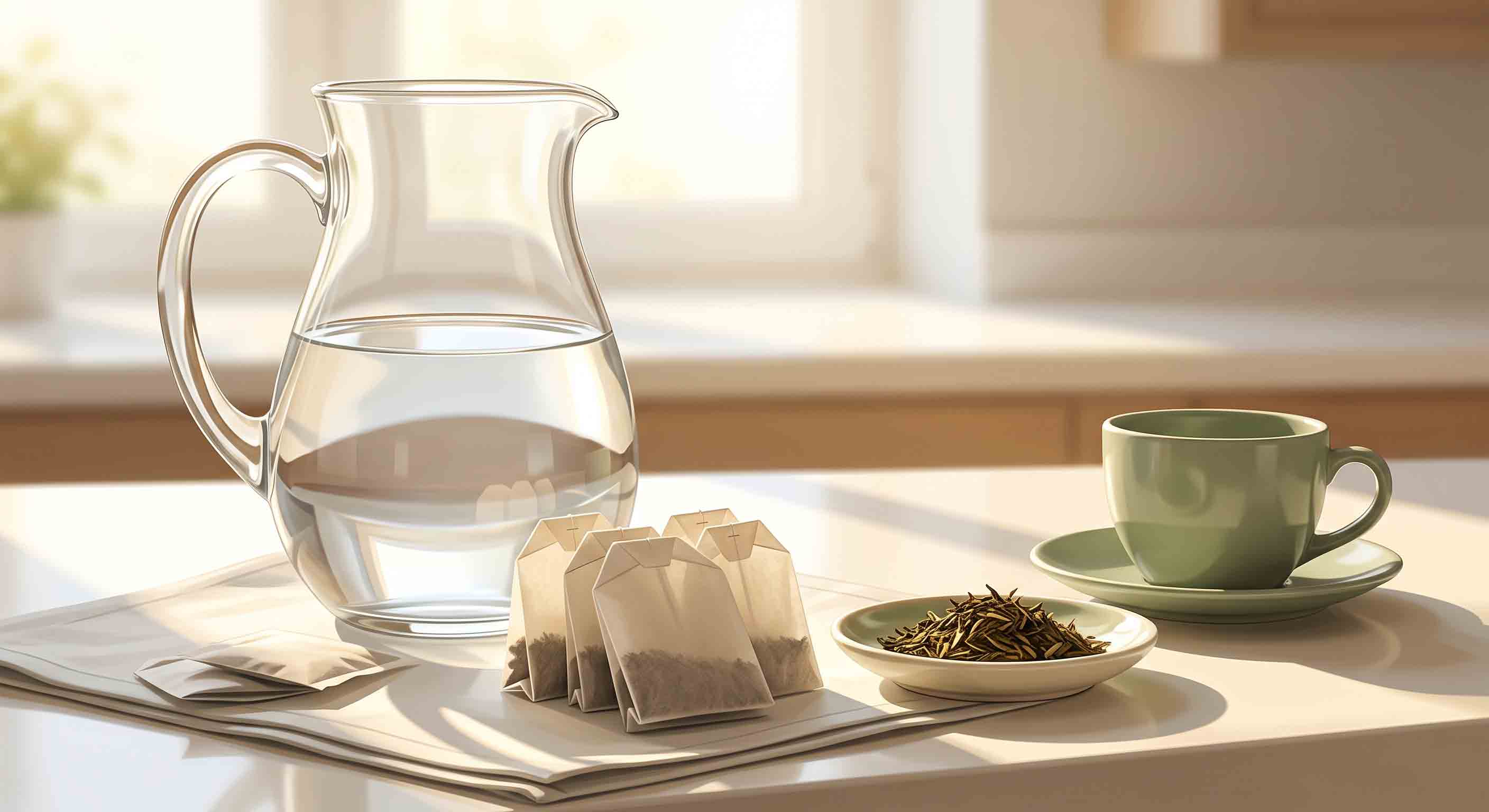 Article summary visual of unbranded tea bags, a gallon pitcher, and preparation tools.