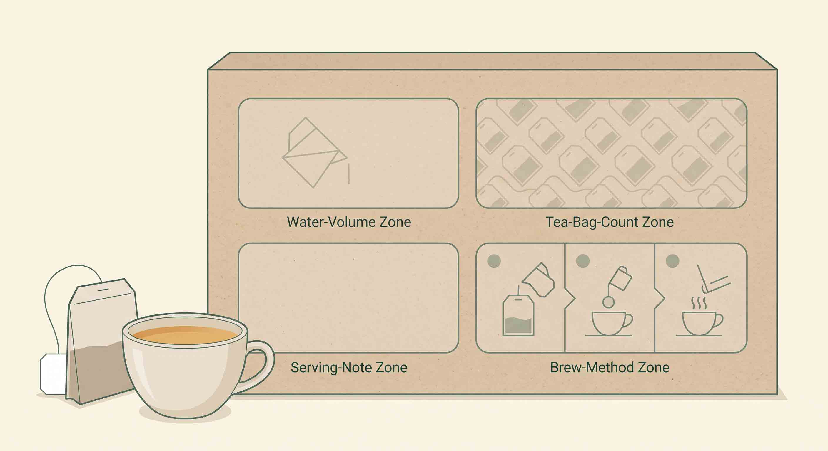 Illustrative technical diagram of tea-package preparation fields without wording.