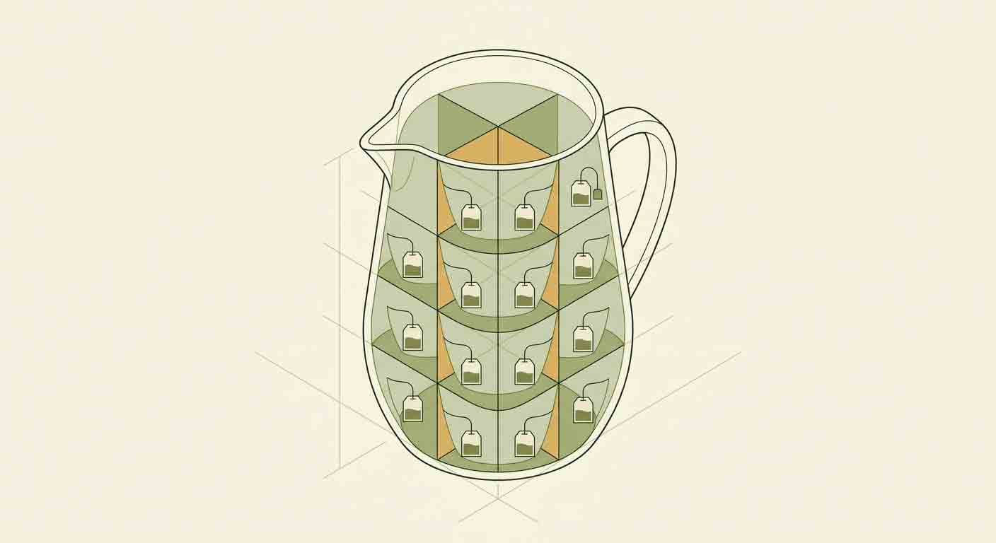 Illustrative technical diagram of a U.S. gallon divided into cup-size portions with tea-bag icons.