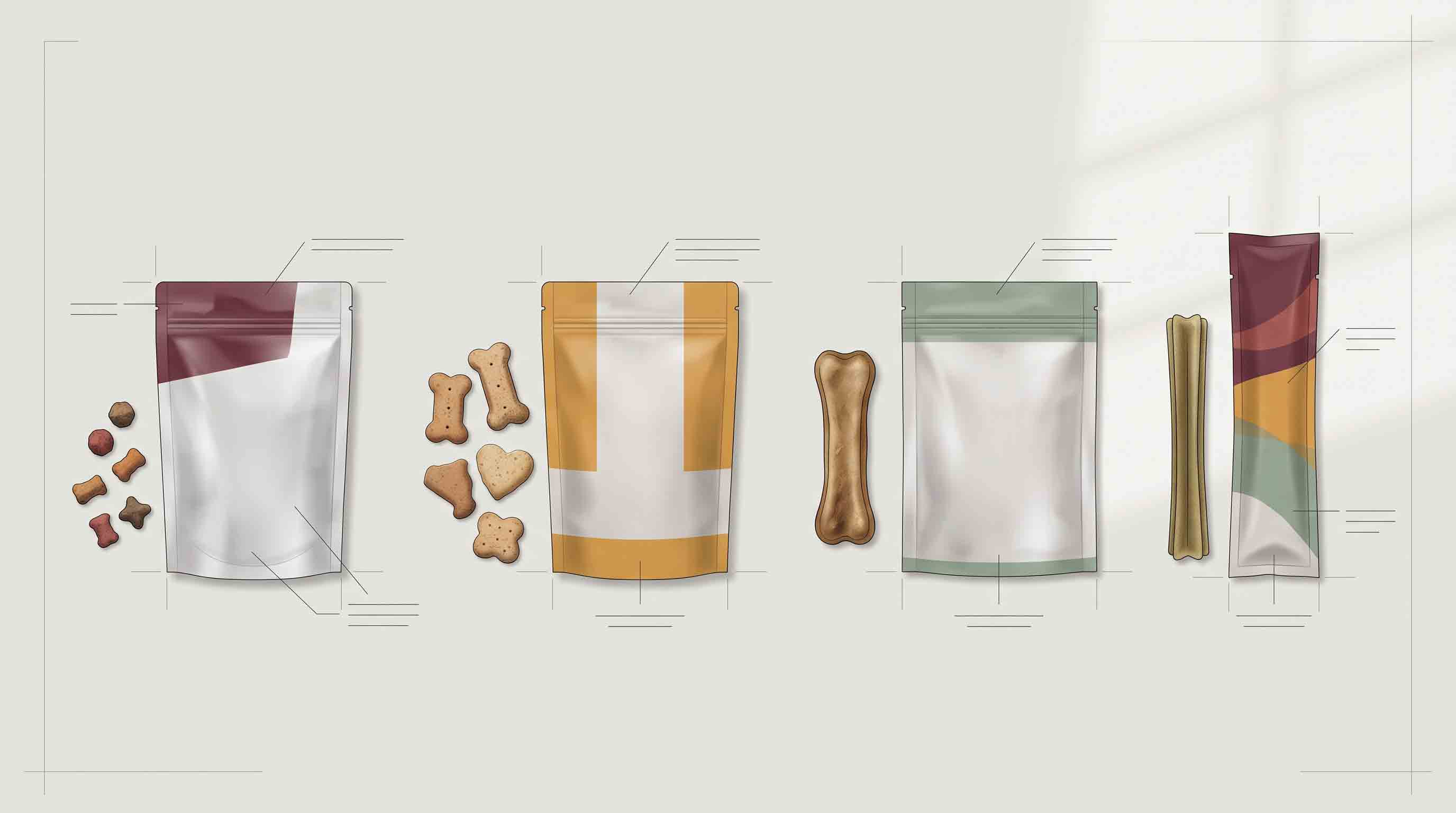 Illustrative technical diagram showing dog treat packaging format selection based on treat situation.