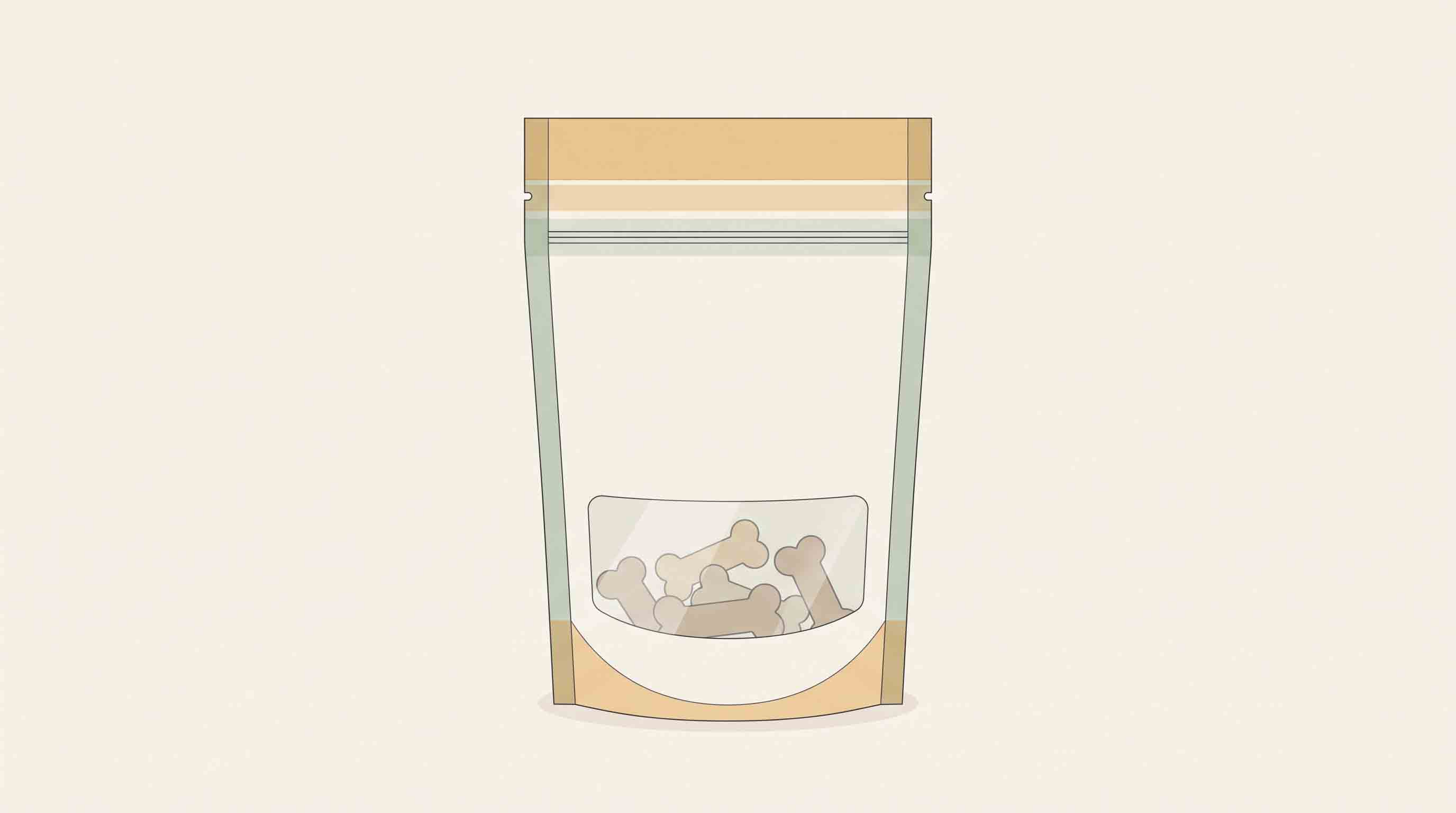 Illustrative technical diagram of dog-treat pouch window layout principles.