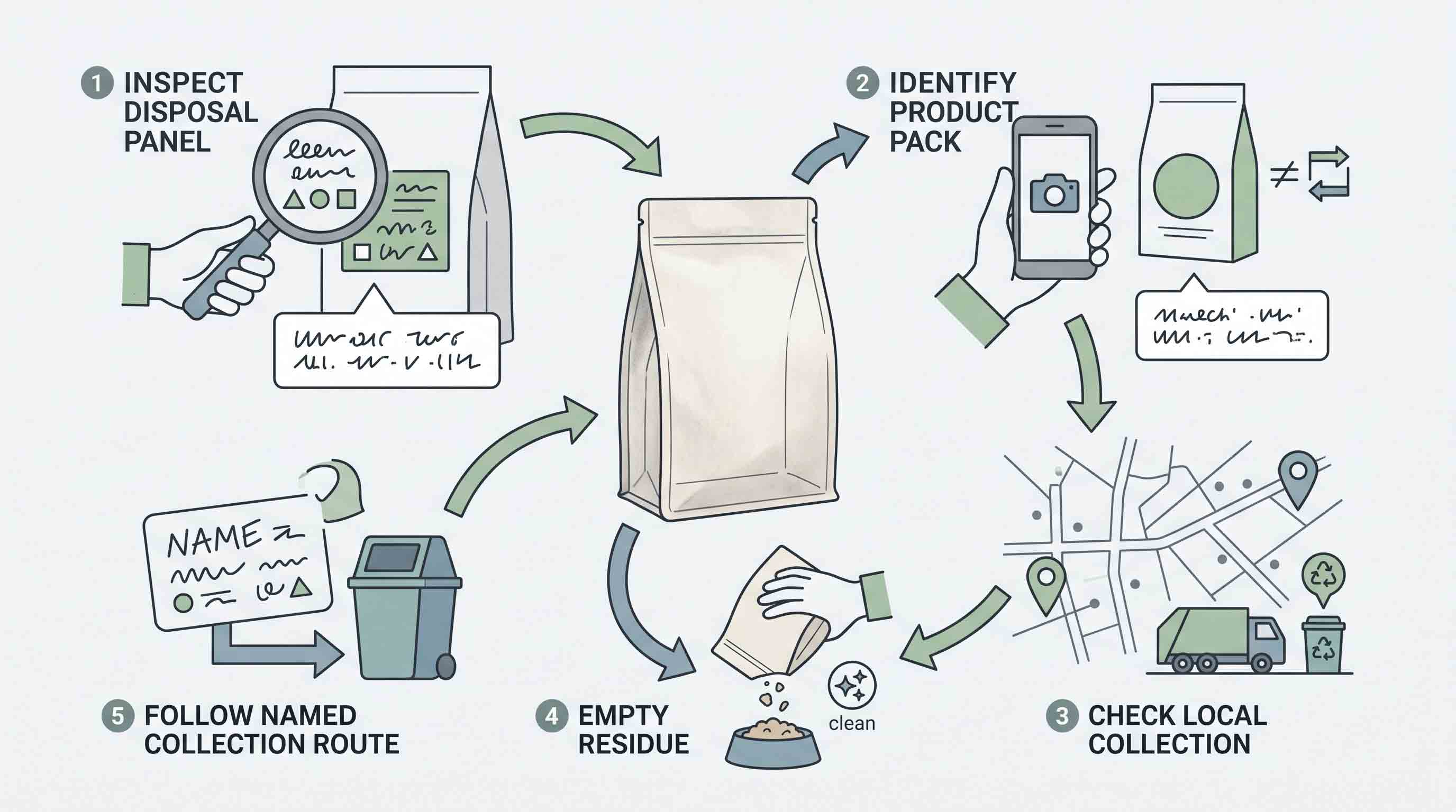 Illustrative technical diagram of dog food bag recycling check