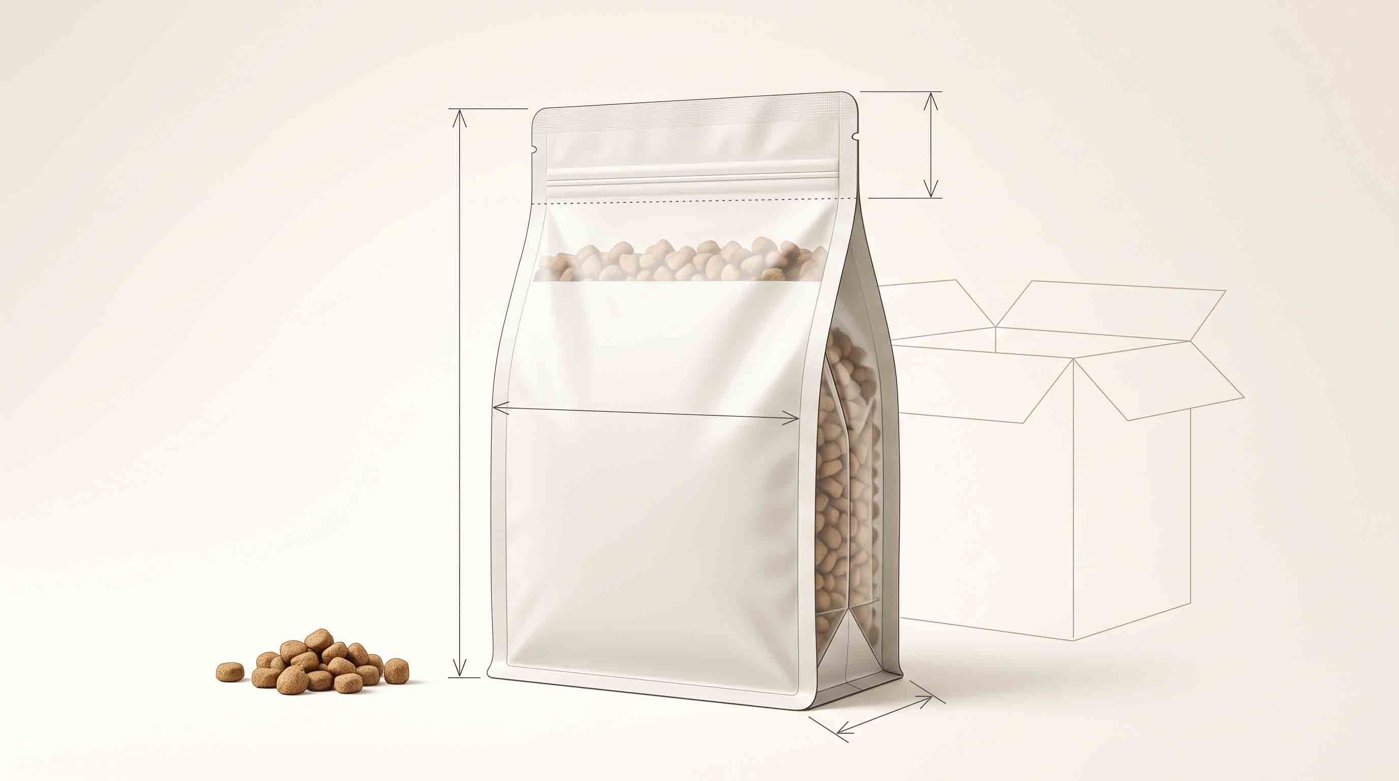 Illustrative technical diagram of measurements taken from a filled dog-food pouch.