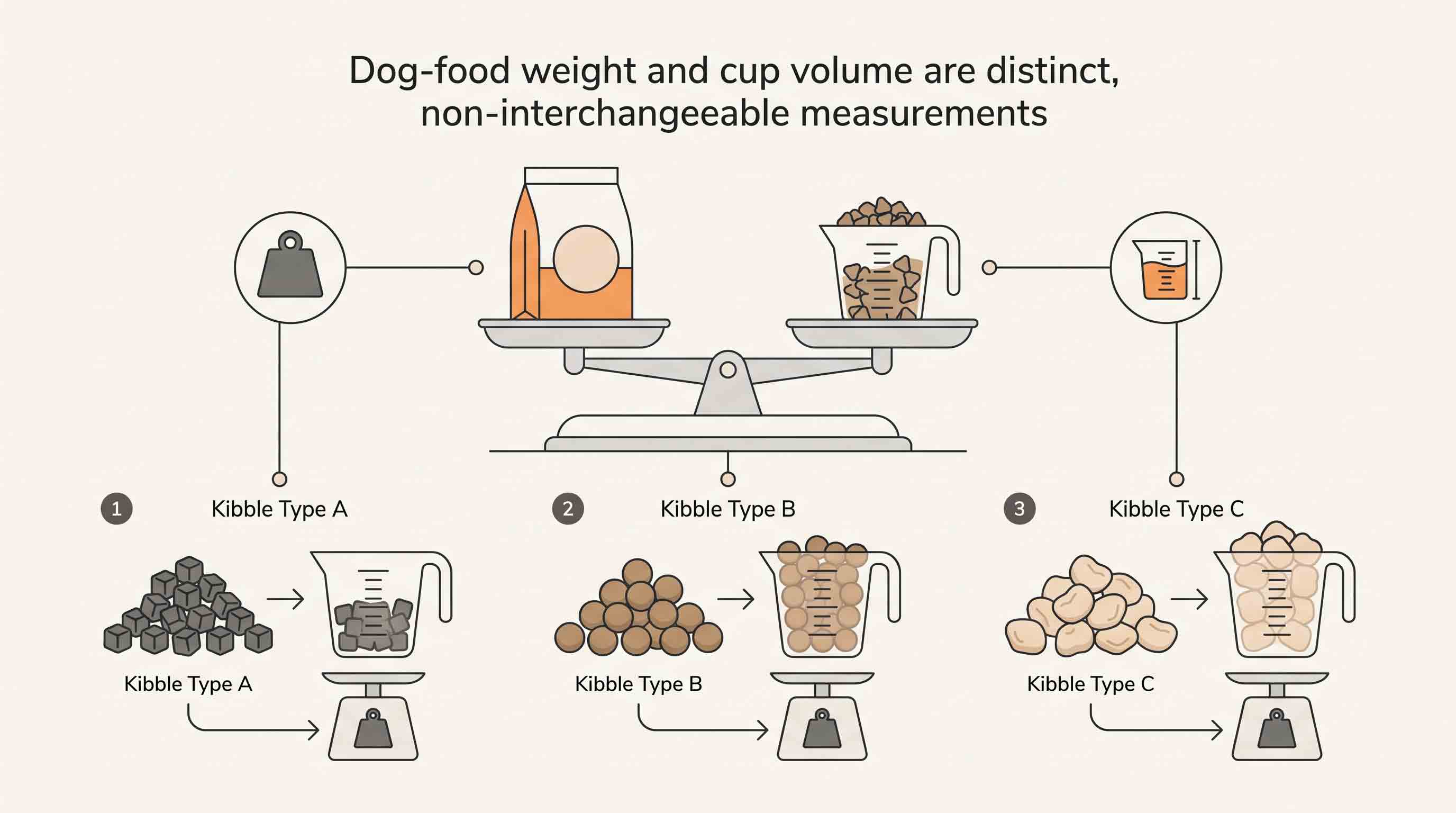 Illustrative diagram comparing dog-food bag weight and cup volume.