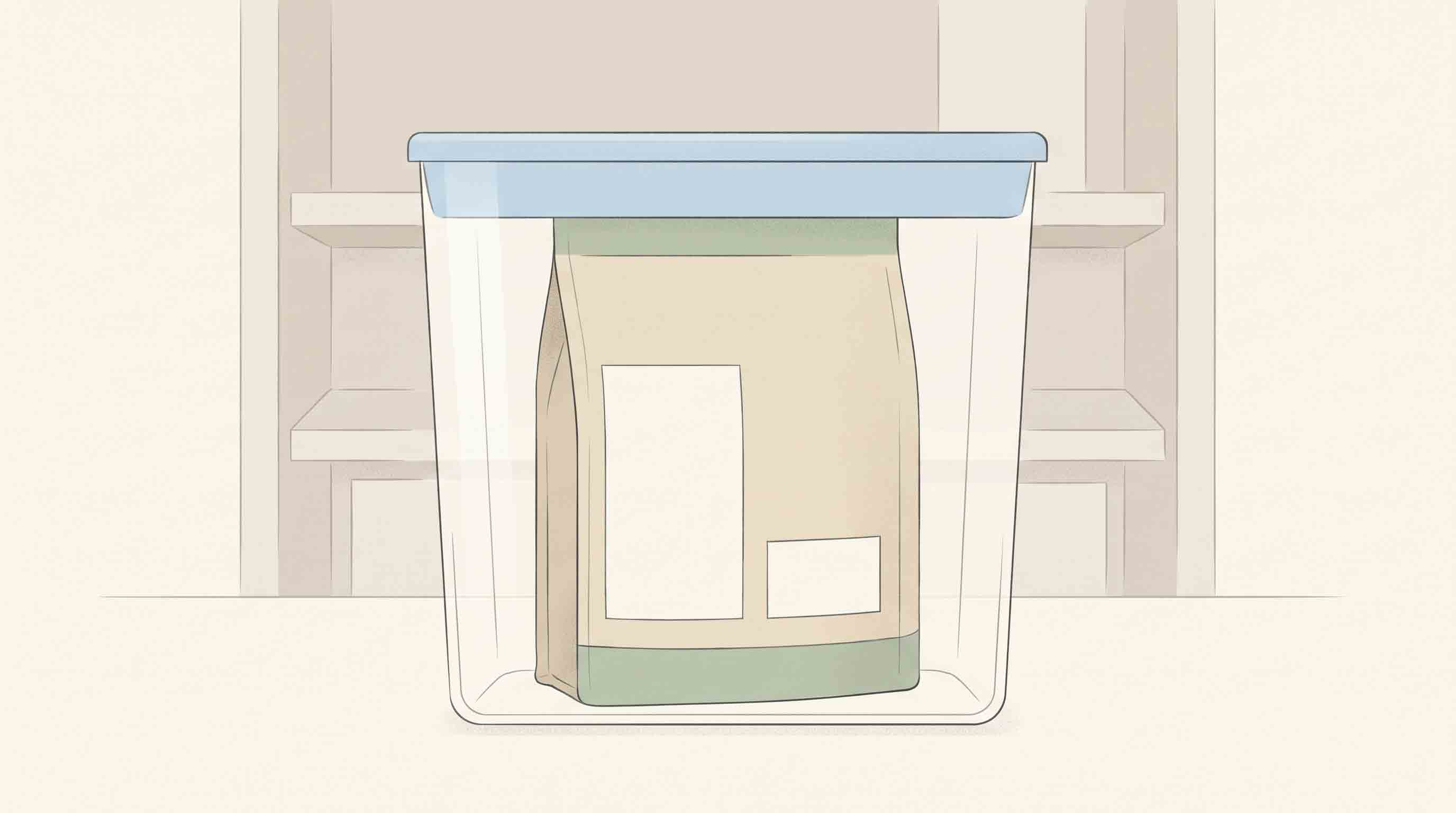 Illustrative technical diagram showing an original dog-food bag inside a clean storage container and the closure area.