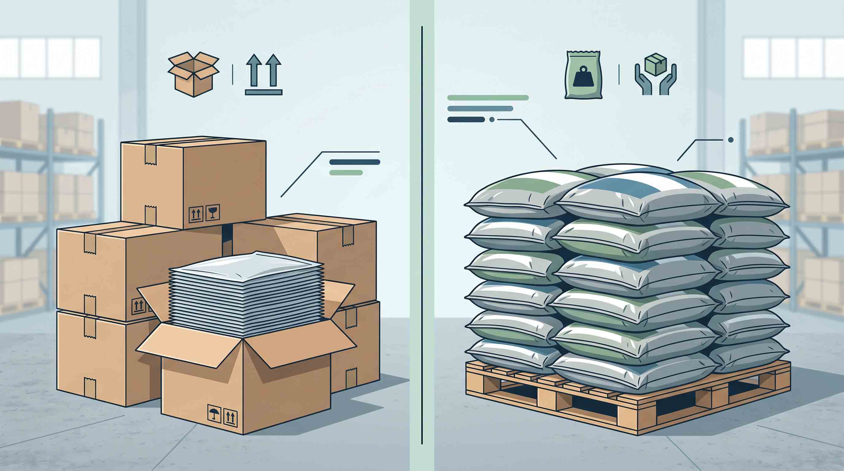 Illustrative diagram comparing empty pouch cartons with filled dog-food bags for pallet planning.