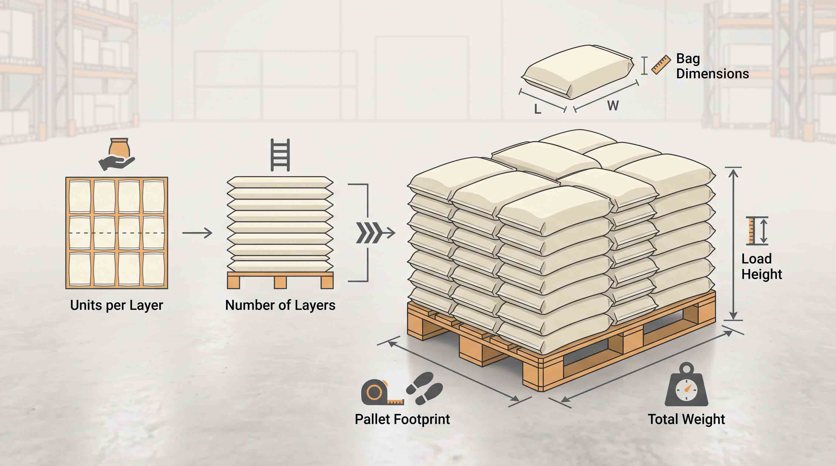Illustrative technical diagram of a dog-food pallet calculation from layers to total units.