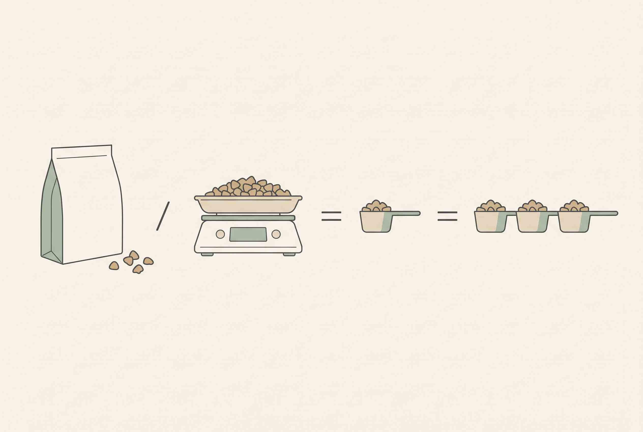 Image placeholder: simple calculation diagram: bag net weight in grams divided by grams per level cup equals estimated cups, using neutral symbols and no brand numbers.