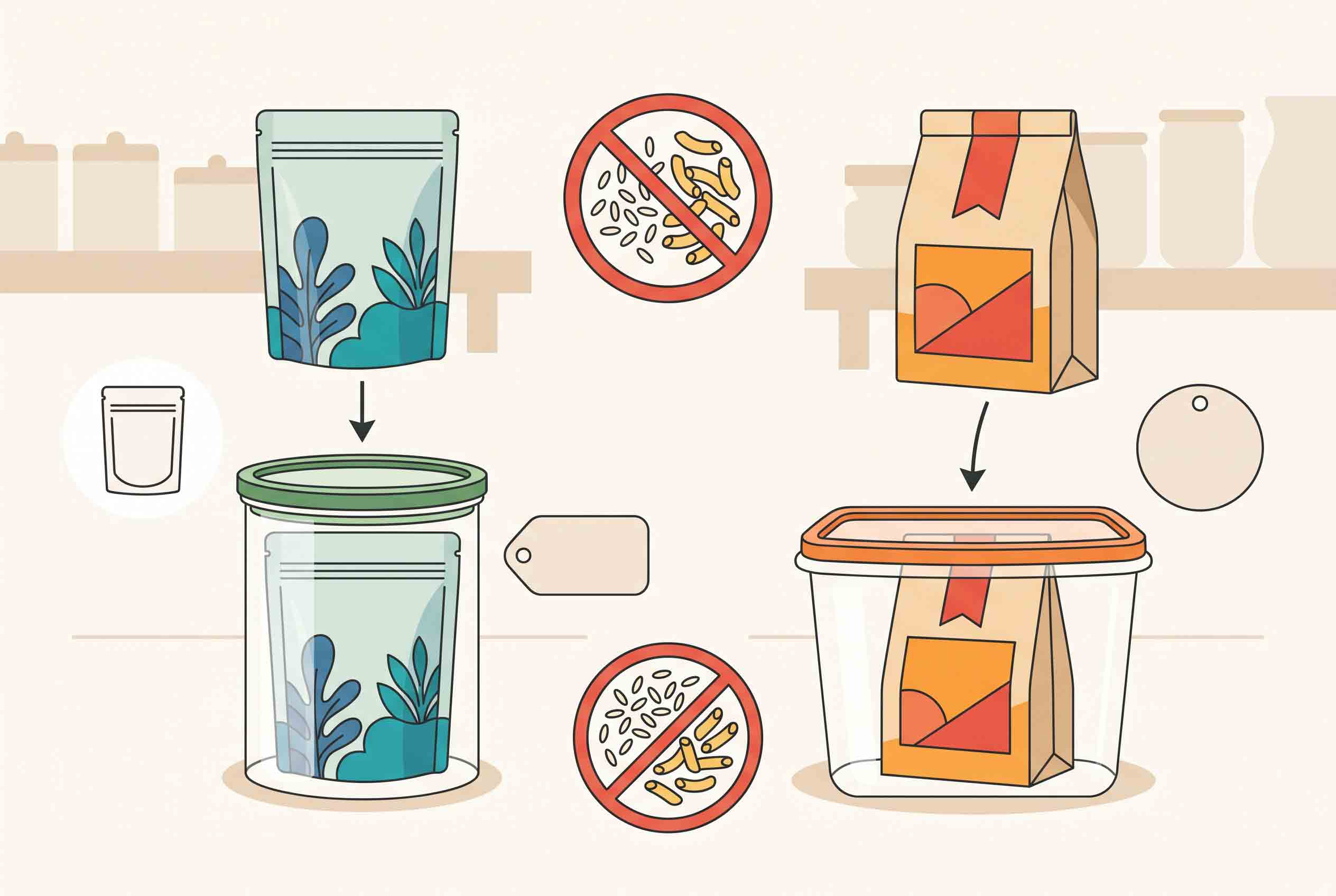 Image placeholder: two clearly separate unbranded original food bags in labelled-free lidded containers, showing lot/date retention concept without readable text.