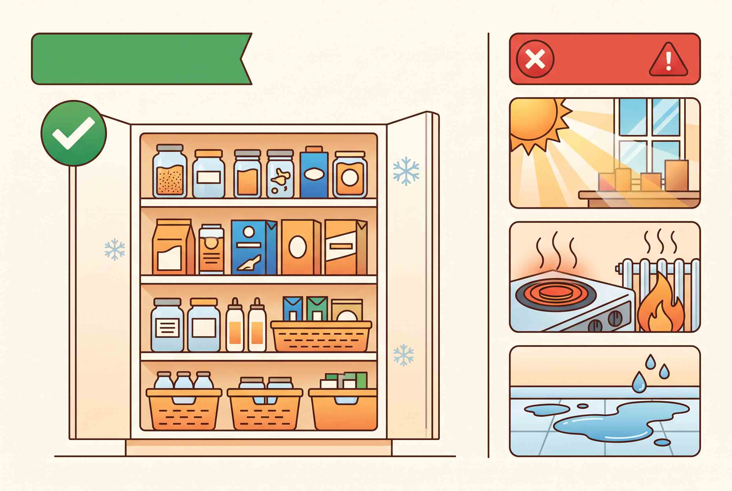 Image placeholder: a simple house storage map showing a cool dry pantry as preferred and direct sun, heat and damp floor as avoid zones, with no readable labels.