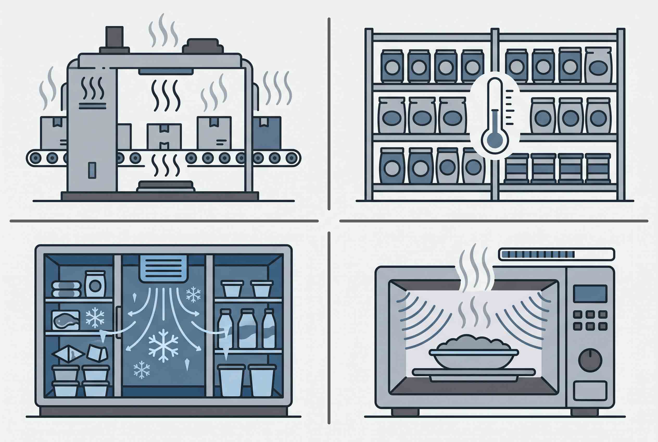 Illustrative diagram comparing retort processing, shelf storage, freezer storage, and microwave reheating conditions.