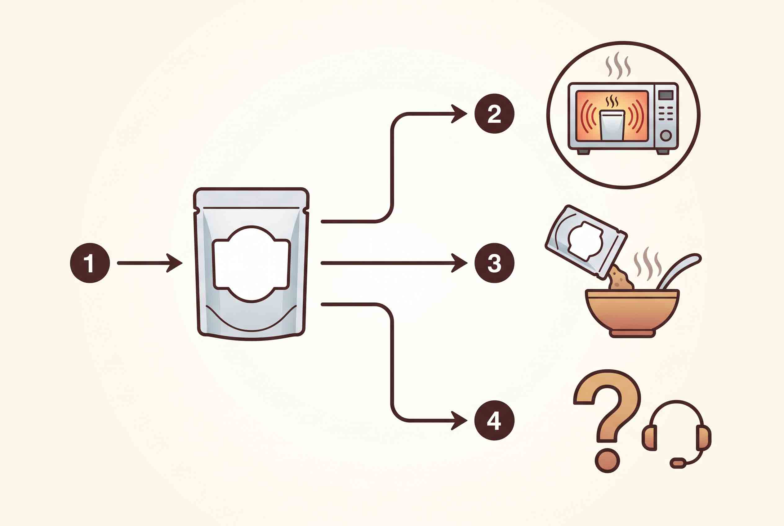 Illustrative technical diagram showing label-based choices before freezing or heating cat food.