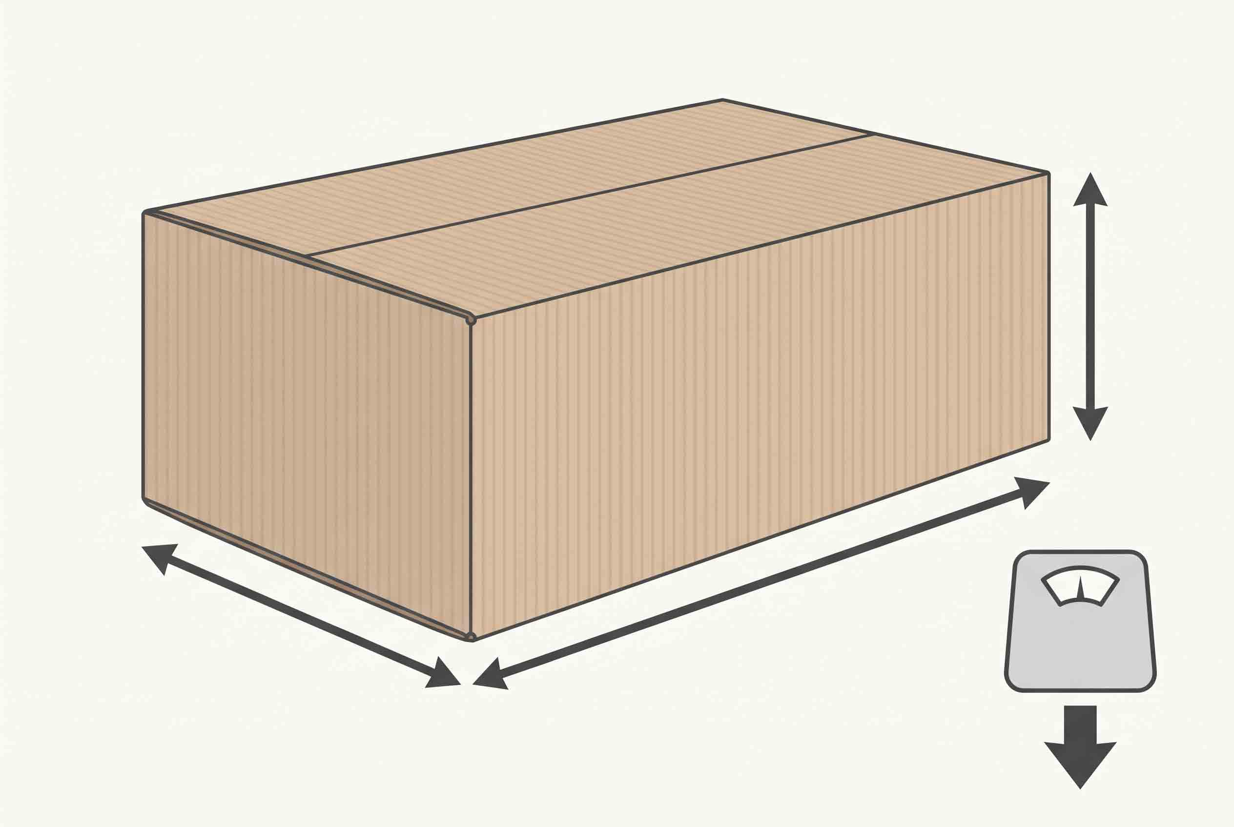 Illustrative technical diagram of measuring a finished cat-food shipping case for pallet planning.