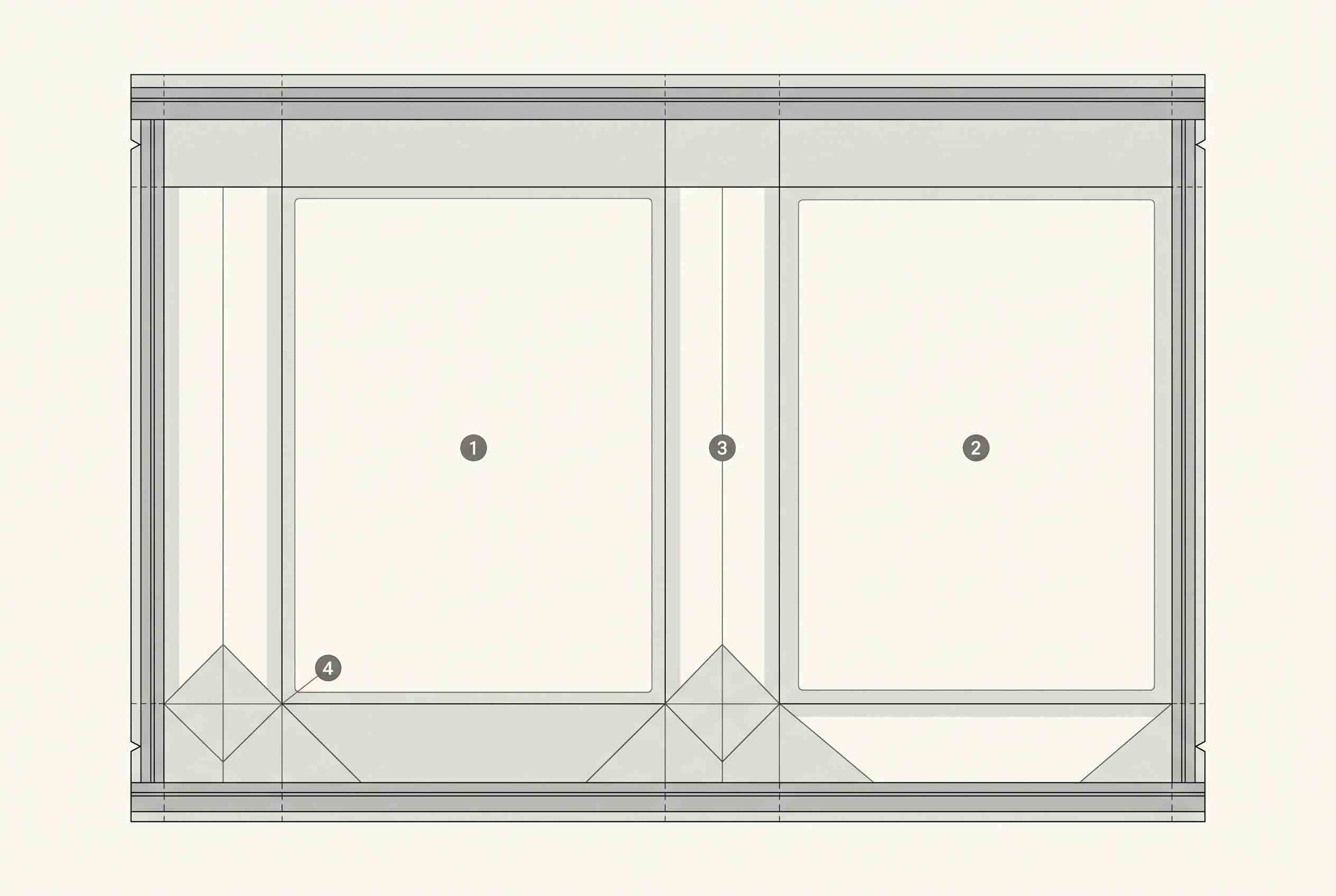 Unbranded pouch dieline with visible front, side and back panels, generic coding zone and no readable text.
