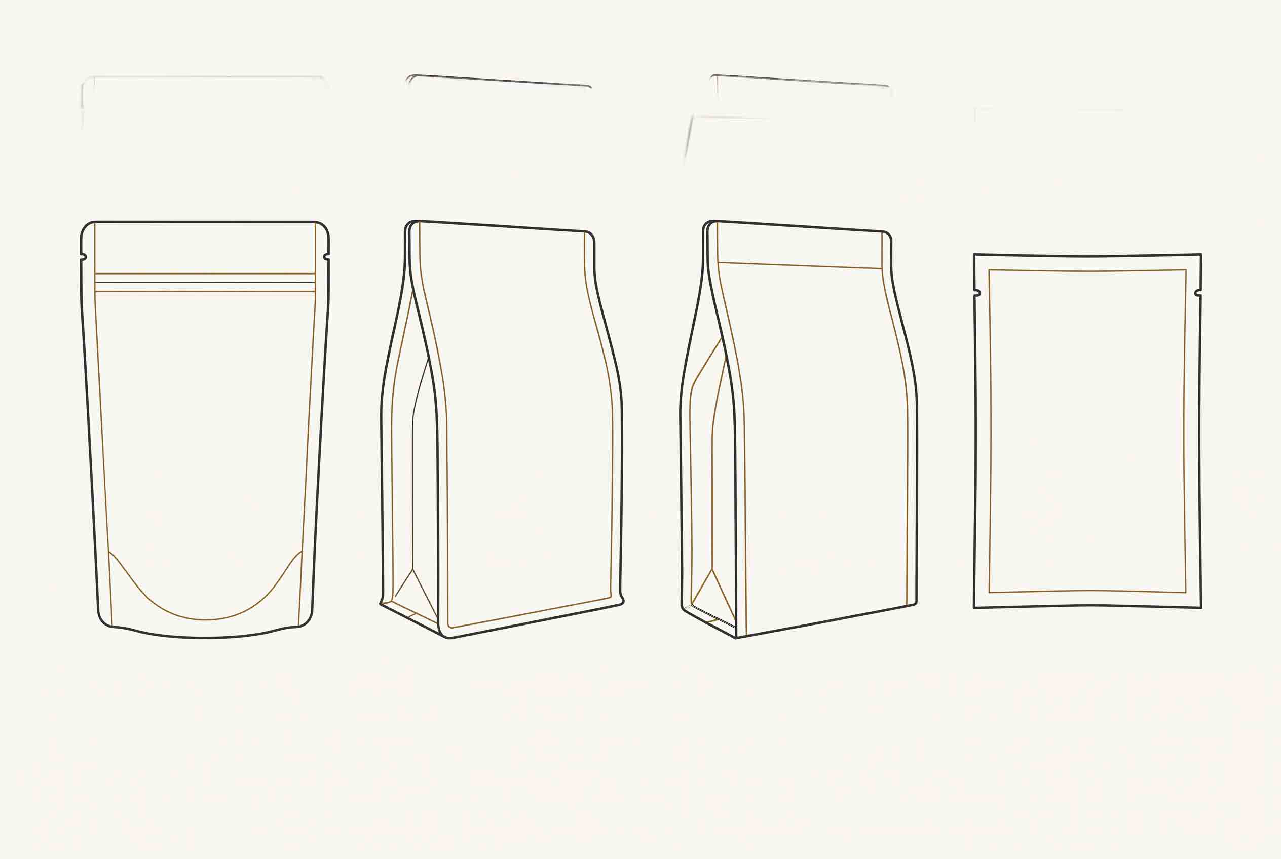 Neutral format comparison of stand-up, flat-bottom, side-gusset and flat bird food pouches, without labels or claims.