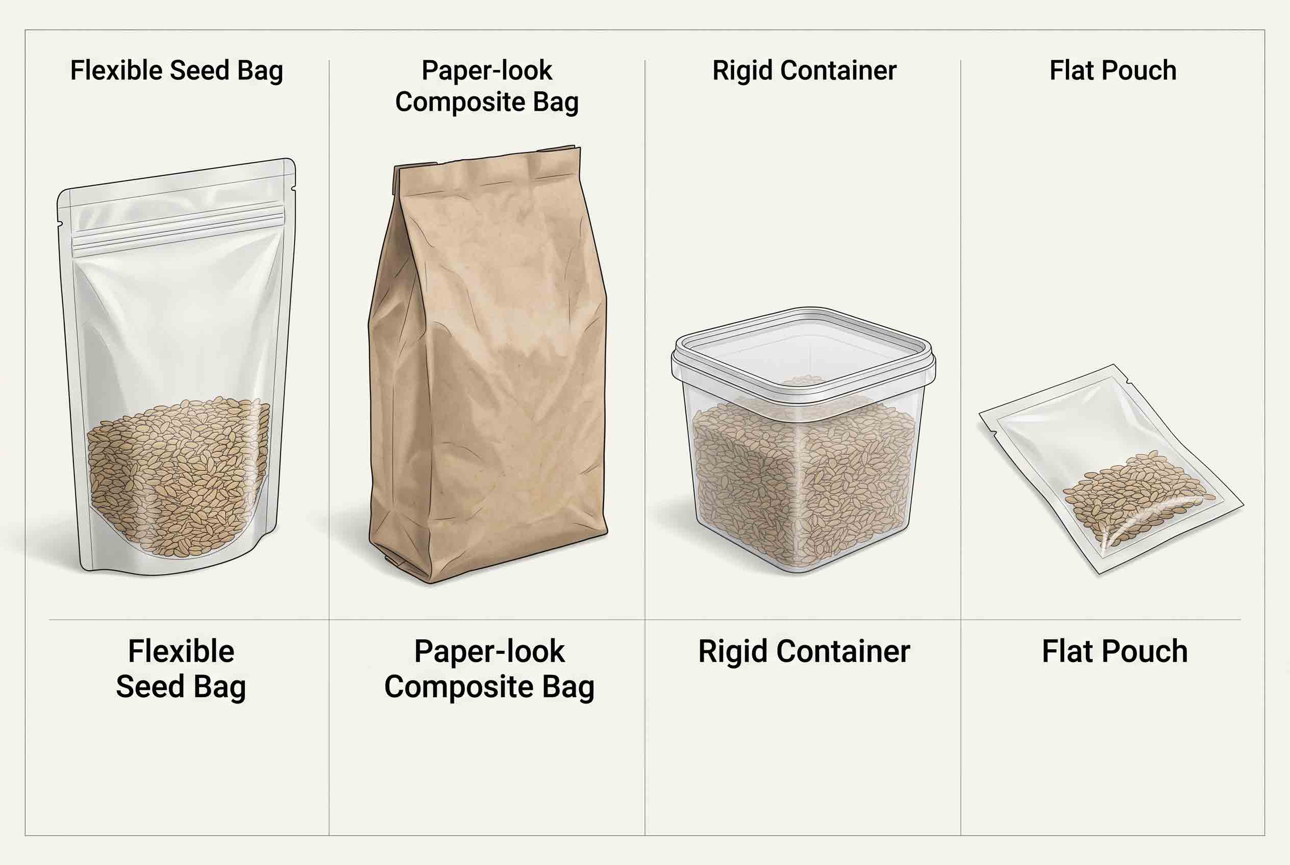 Neutral four-format comparison of flexible bag, composite paper-look bag, rigid container and pouch
