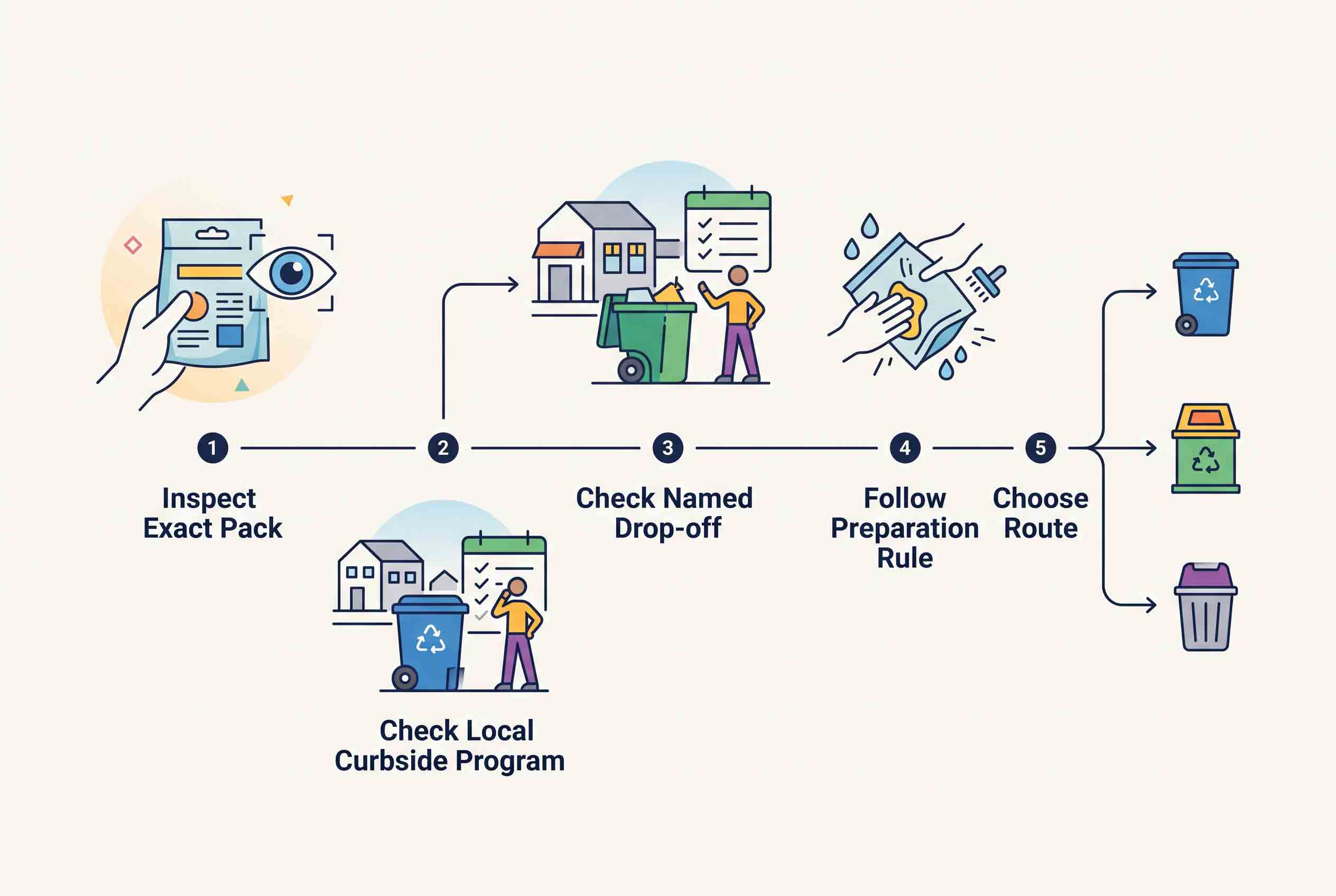 Unbranded decision flow from pack identification to local curbside, named drop-off or no verified route