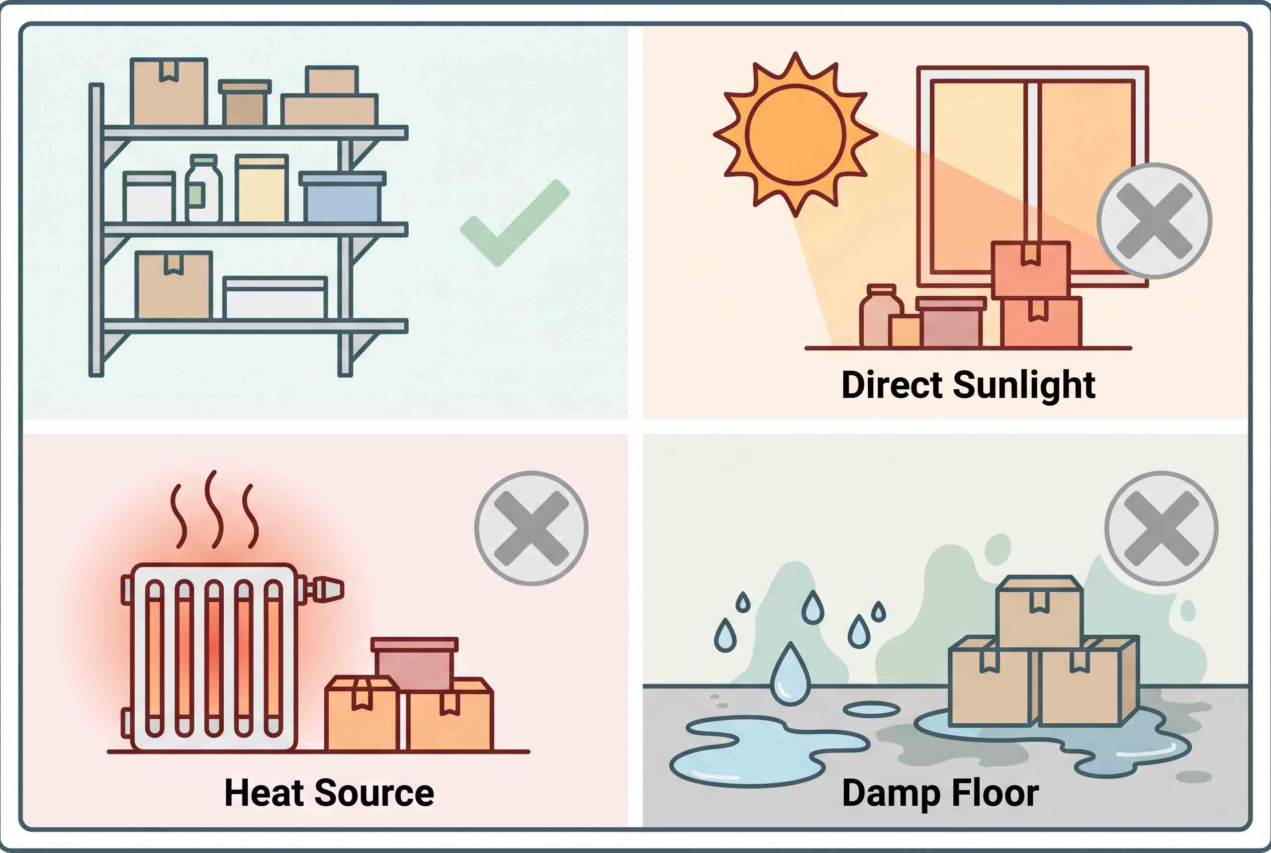 simple unbranded interior storage diagram contrasting dry shelf, direct sun, damp floor and heat source by icons only.