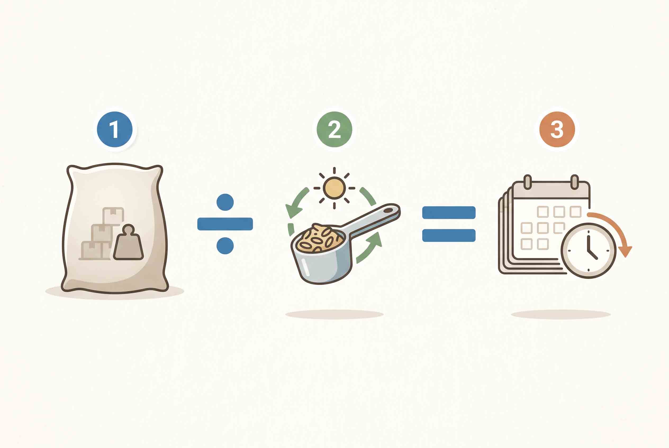 no-text calculation diagram showing bag mass divided by product-specific daily-use amount equals estimated use days.