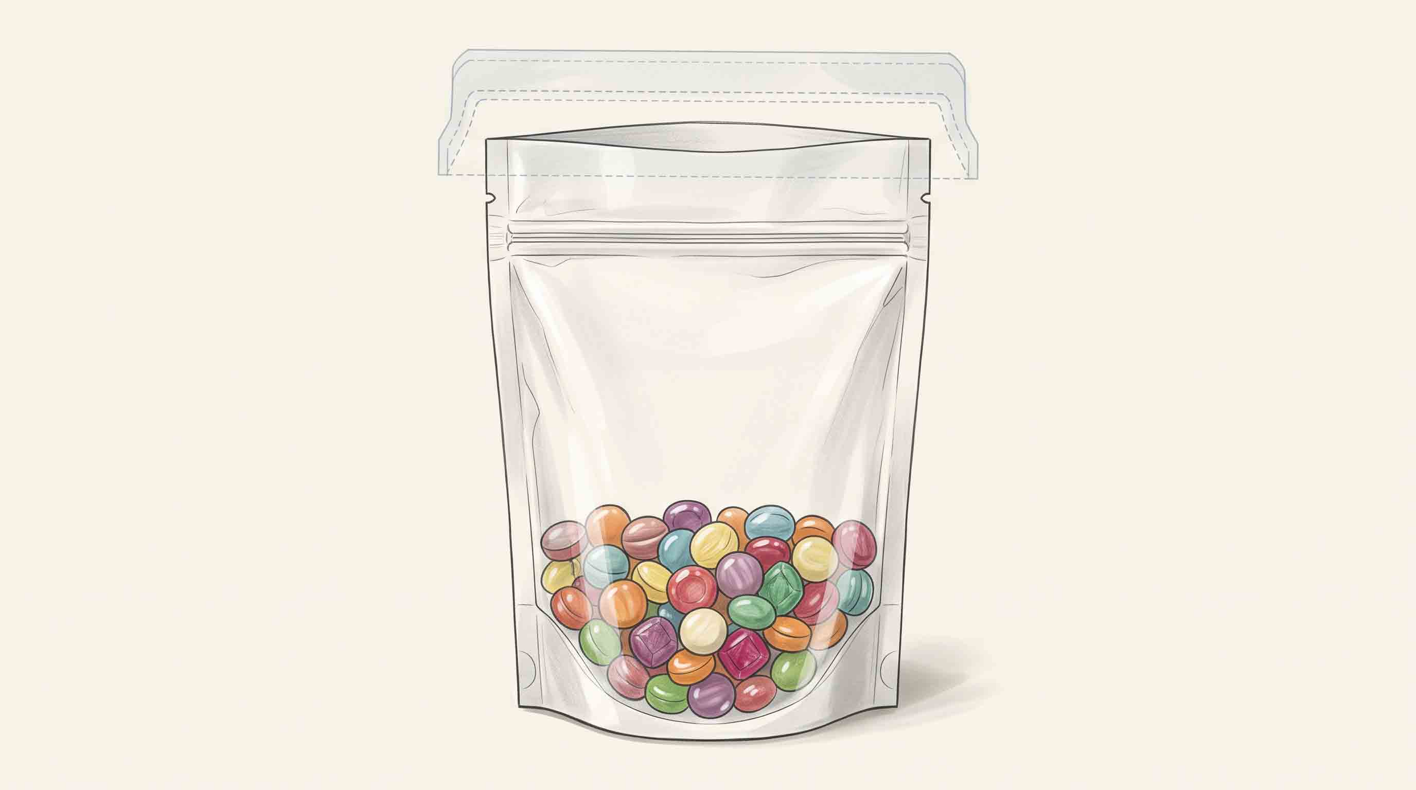 Illustrative candy pouch with a clean upper sealing area above its closure feature.