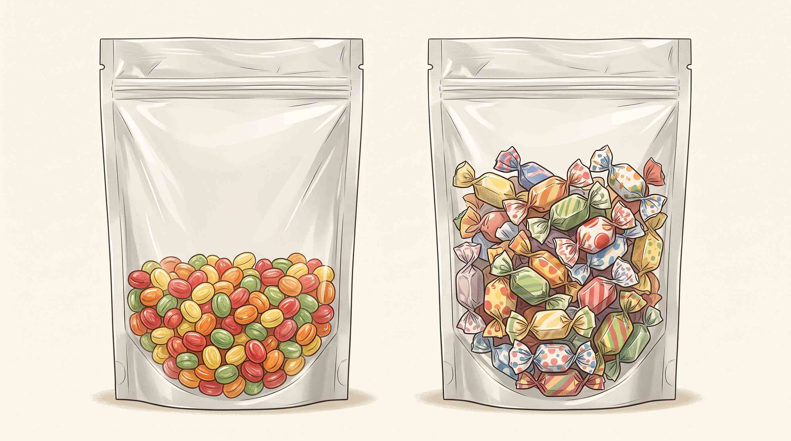 Illustrative comparison of compact loose candy and bulkier wrapped candy in two pouches.